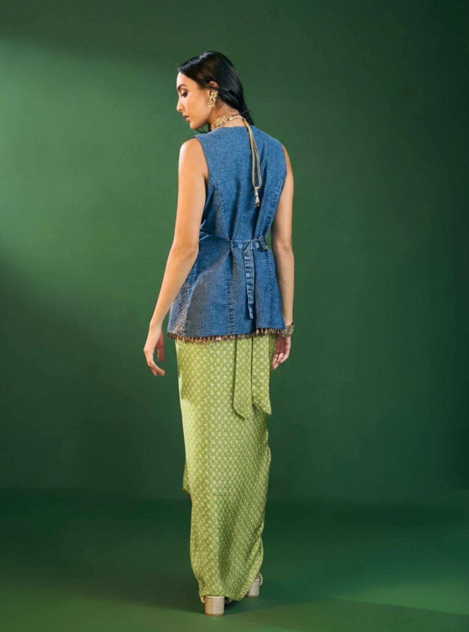 Lunira Denim Waistcoat With Cupro Satin Printed Sage Green Draped Skirt