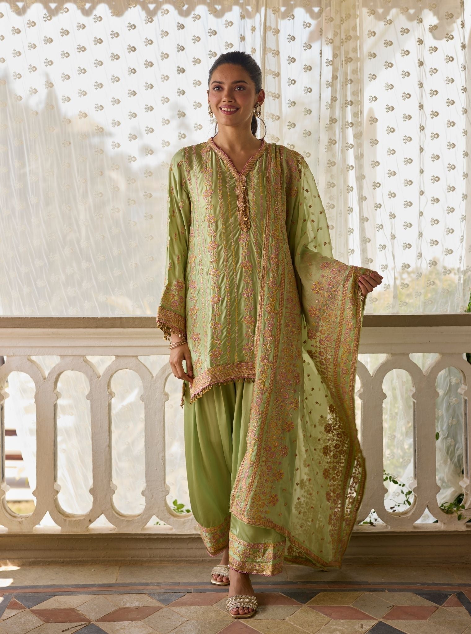 Pralika Bemberg Satin Green Kurta With Farshi Salwar
