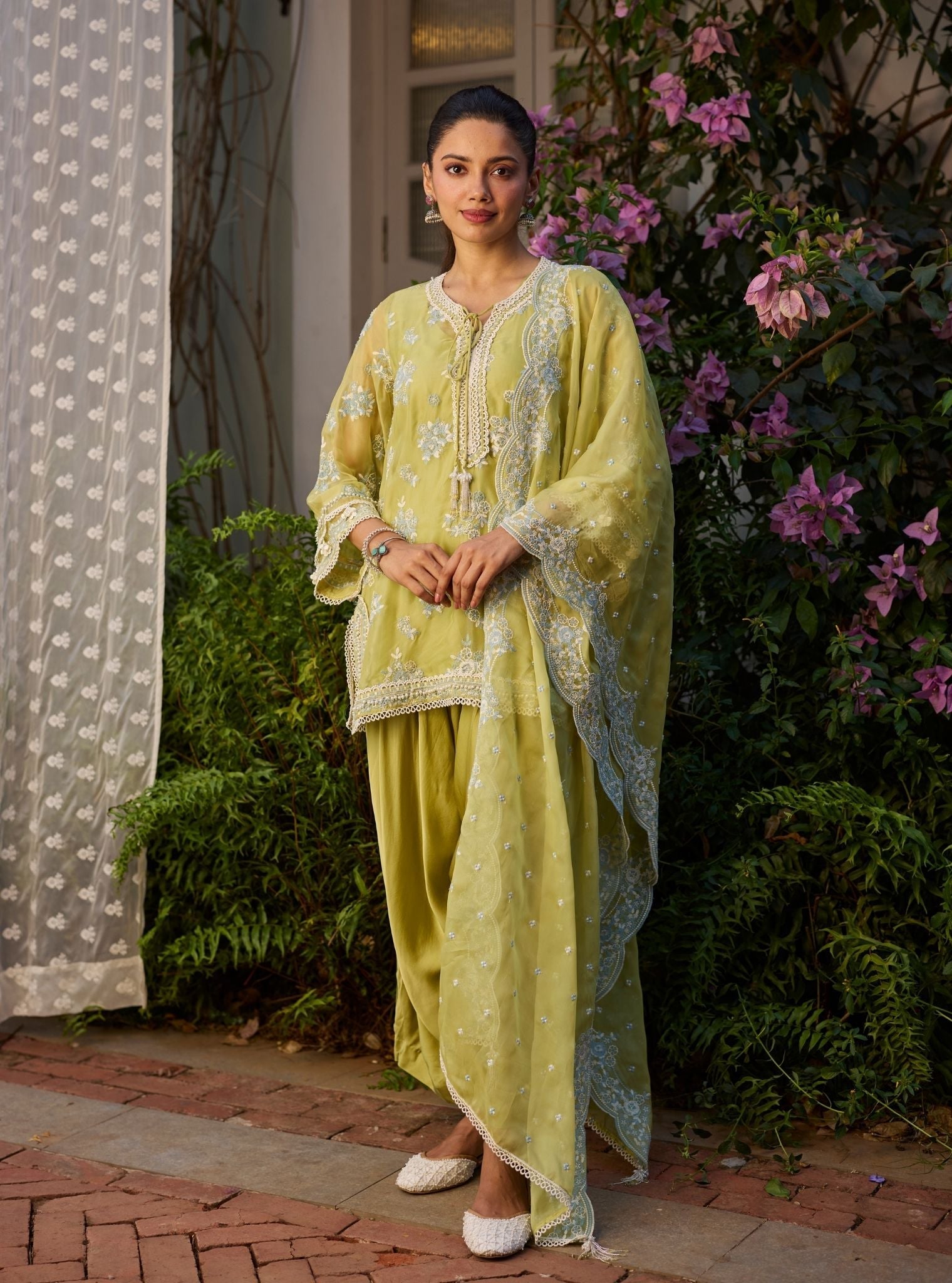 Zeni Organza Lime Kurta With Draped Cupro Pants