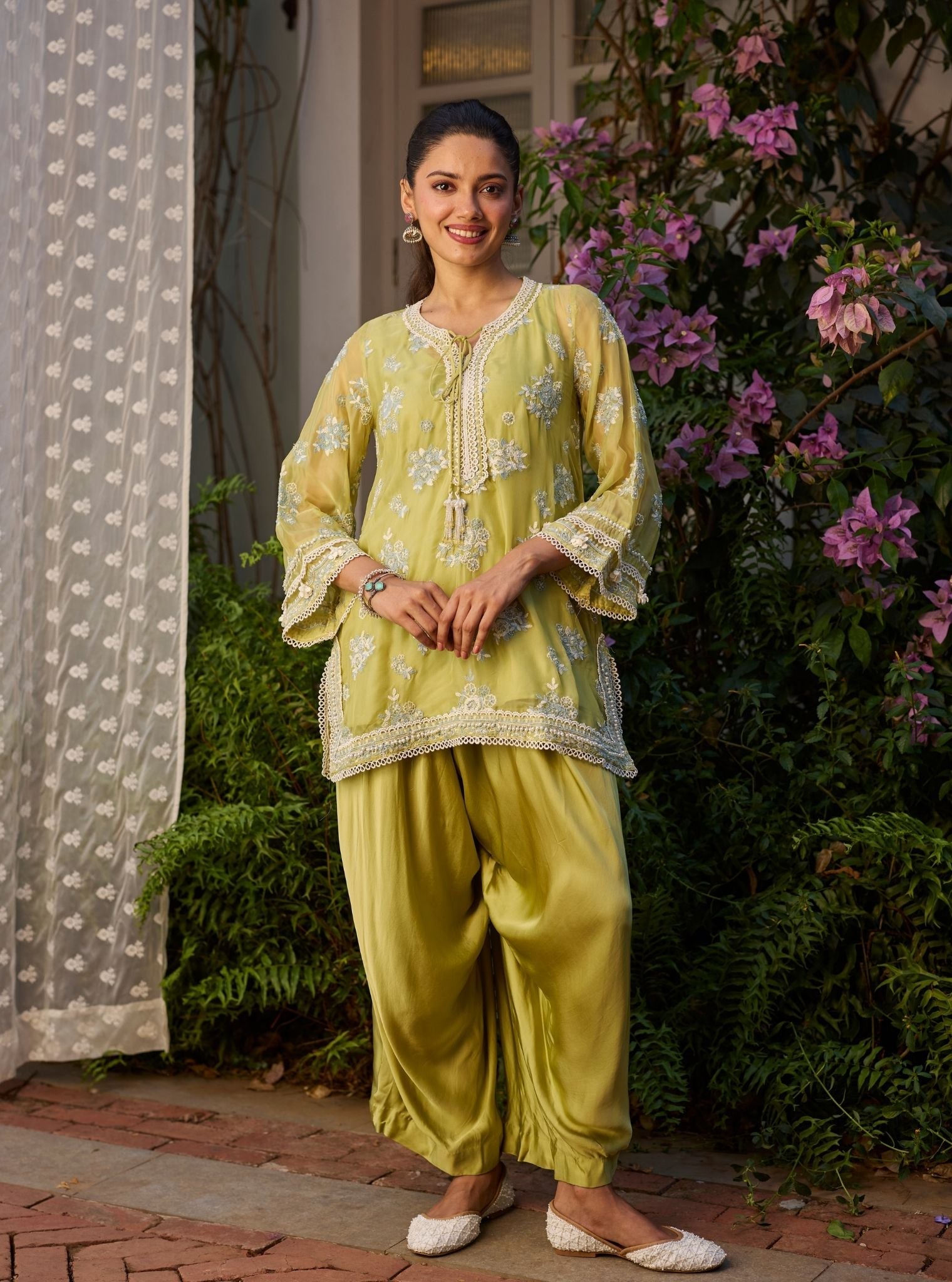 Zeni Organza Lime Kurta With Draped Cupro Pants