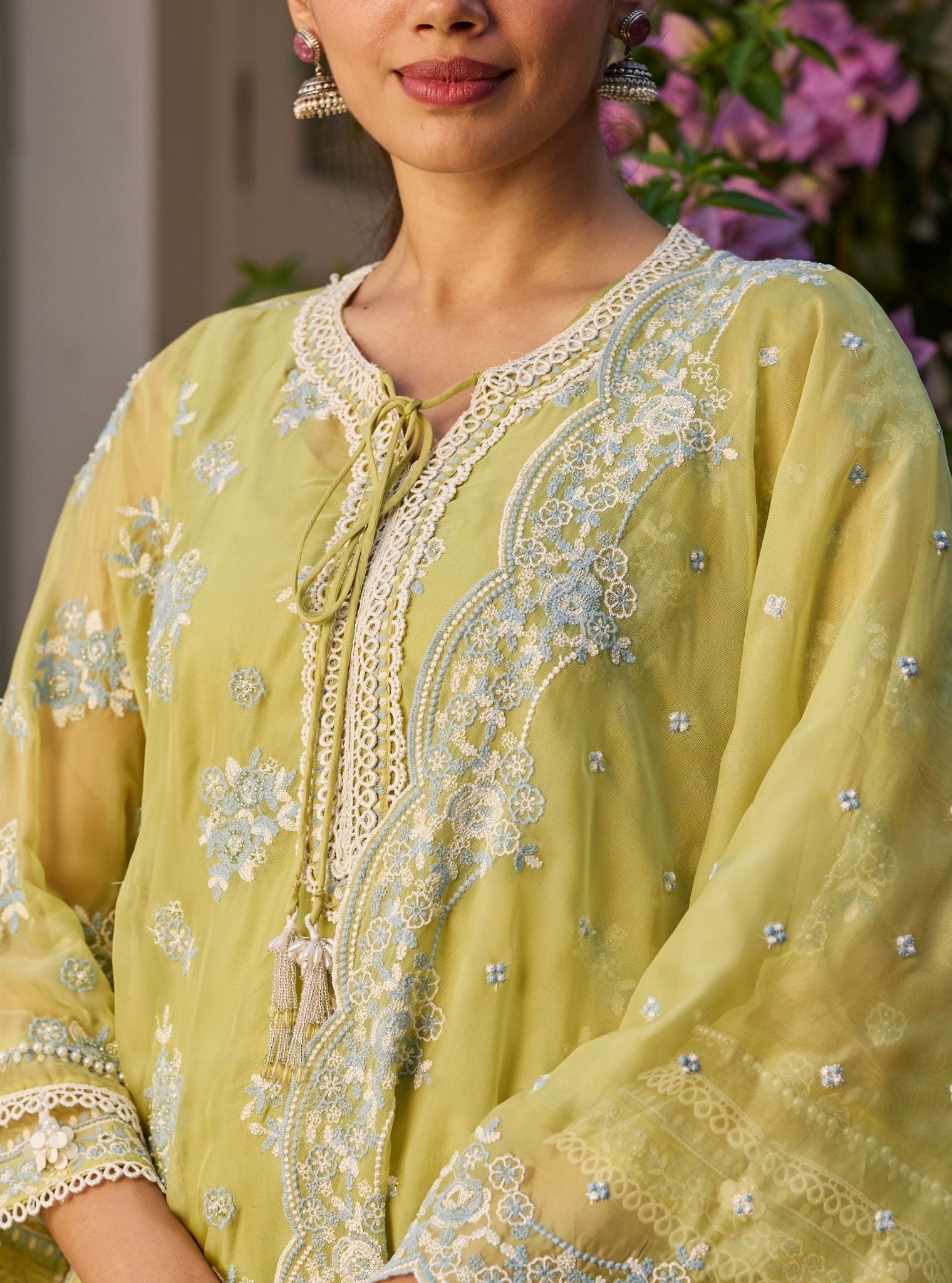 Zeni Organza Lime Kurta With Draped Cupro Pants