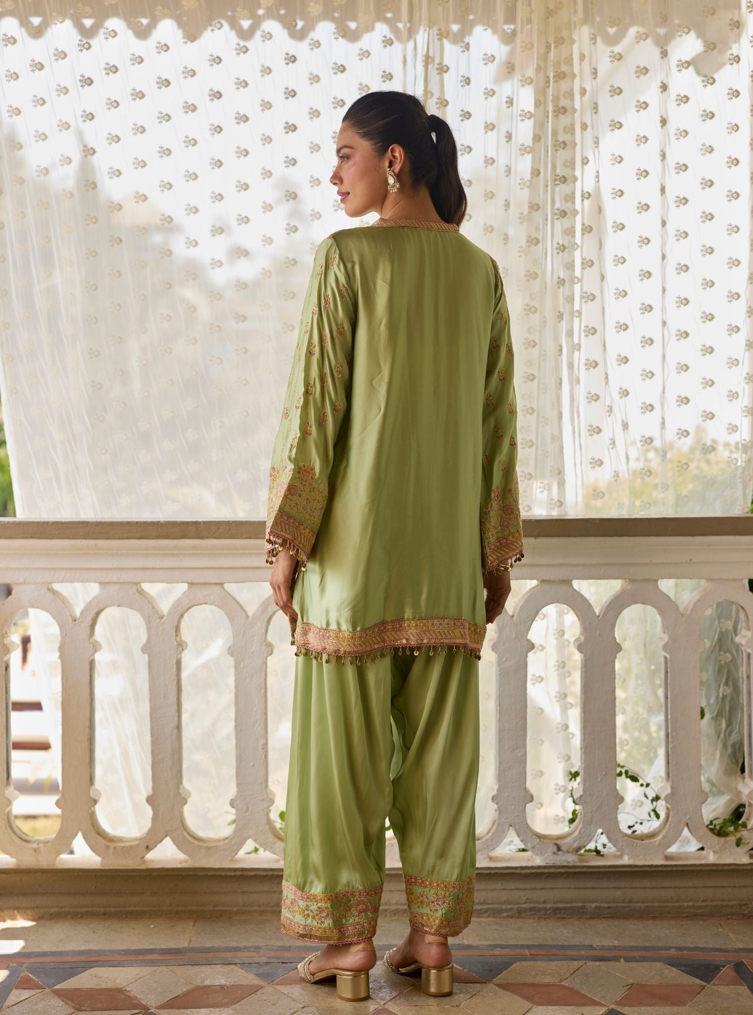 Pralika Bemberg Satin Green Kurta With Farshi Salwar