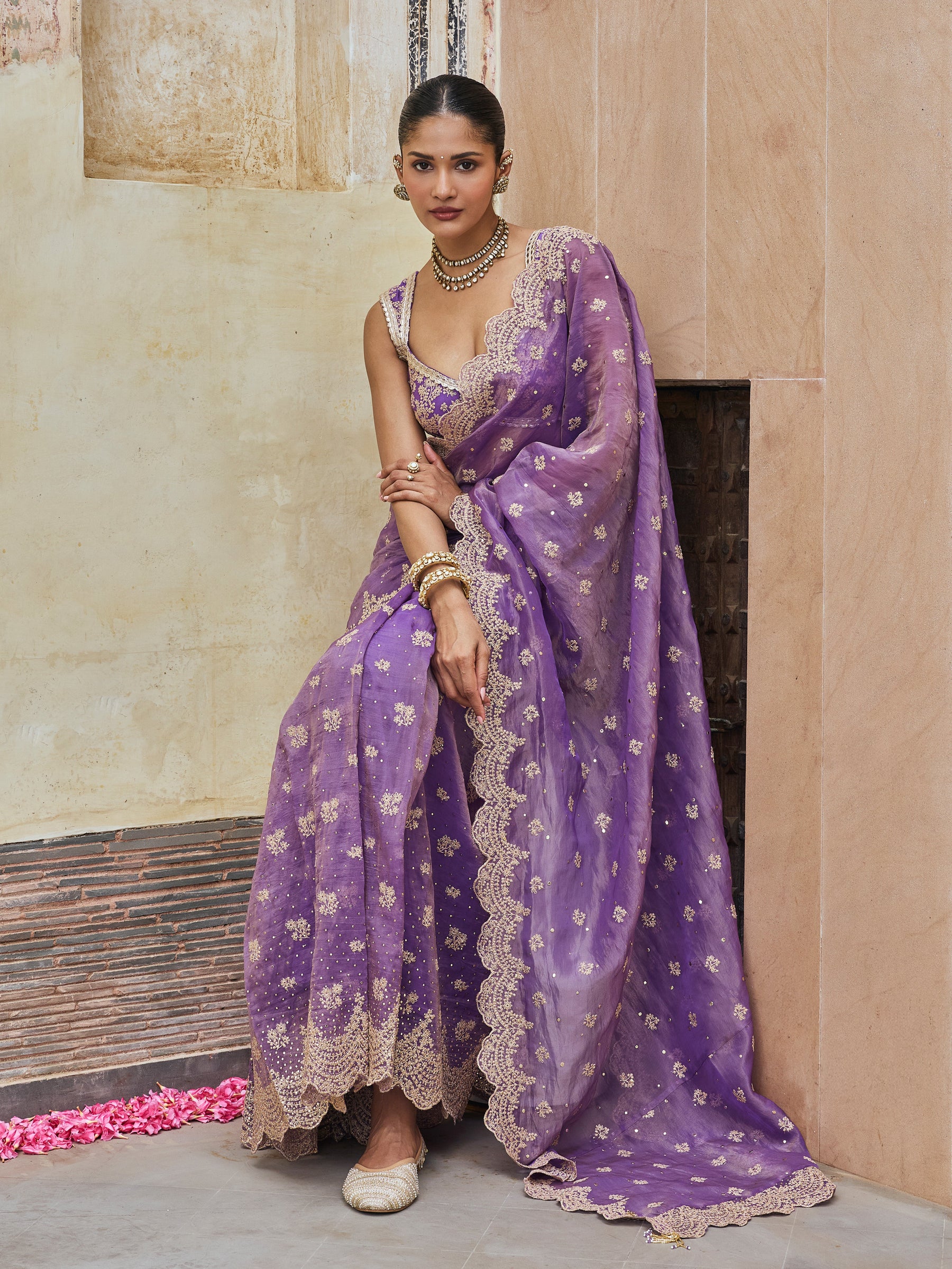 Adiva Lurex Organza Purple Pre-draped Saree