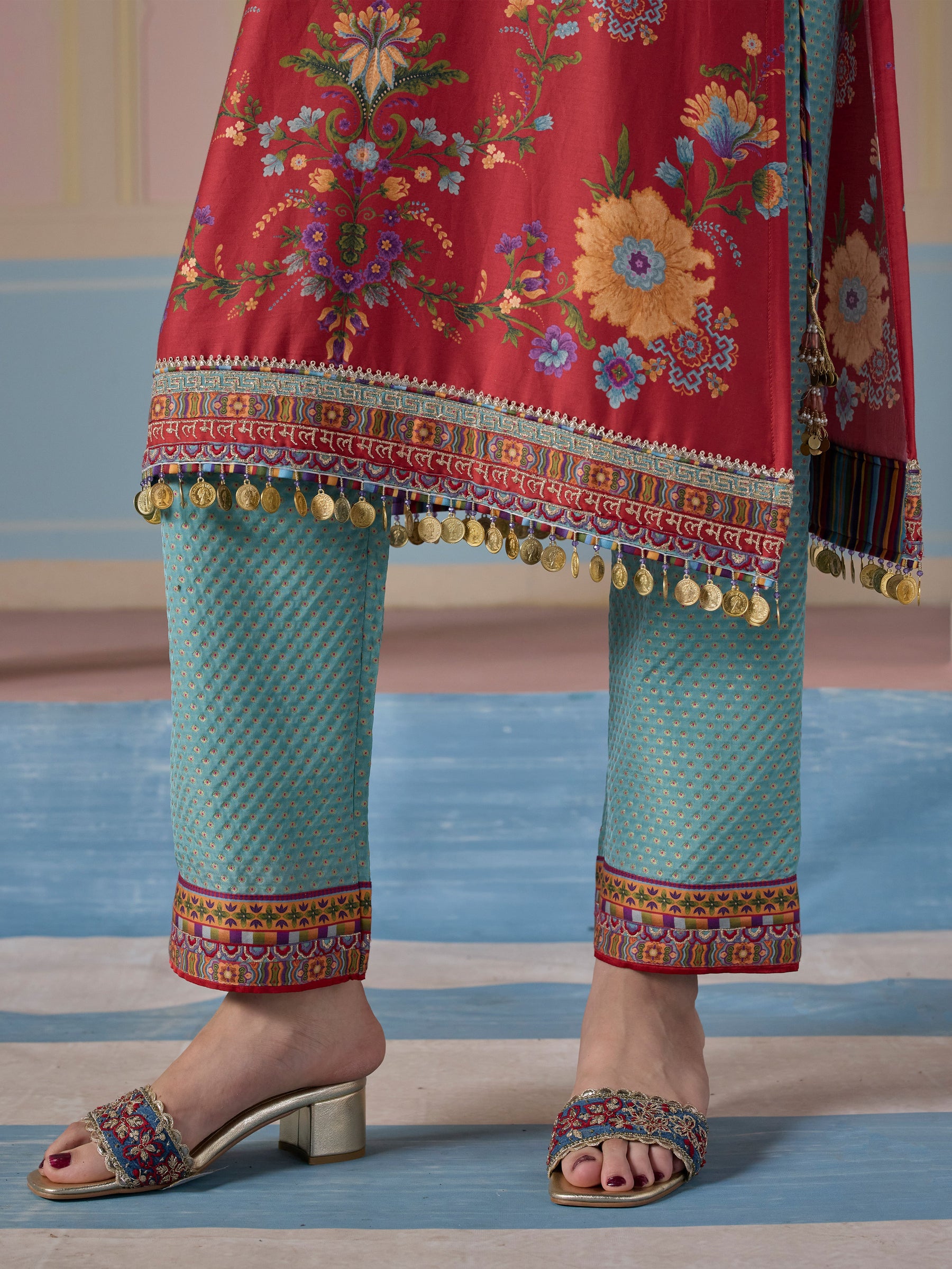Kair Pima Satin Printed Red Kurta Set