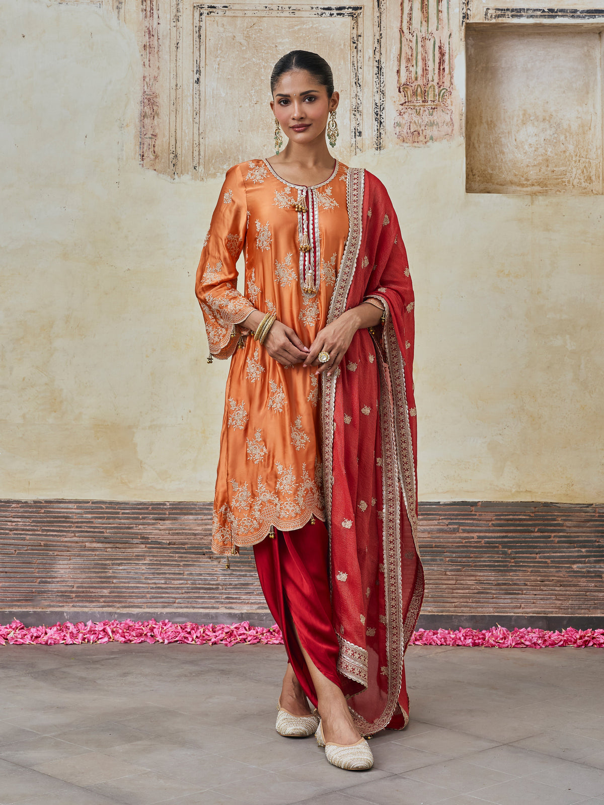 Saazni Cupro Satin Orange Kurta with Red Dhoti Pants