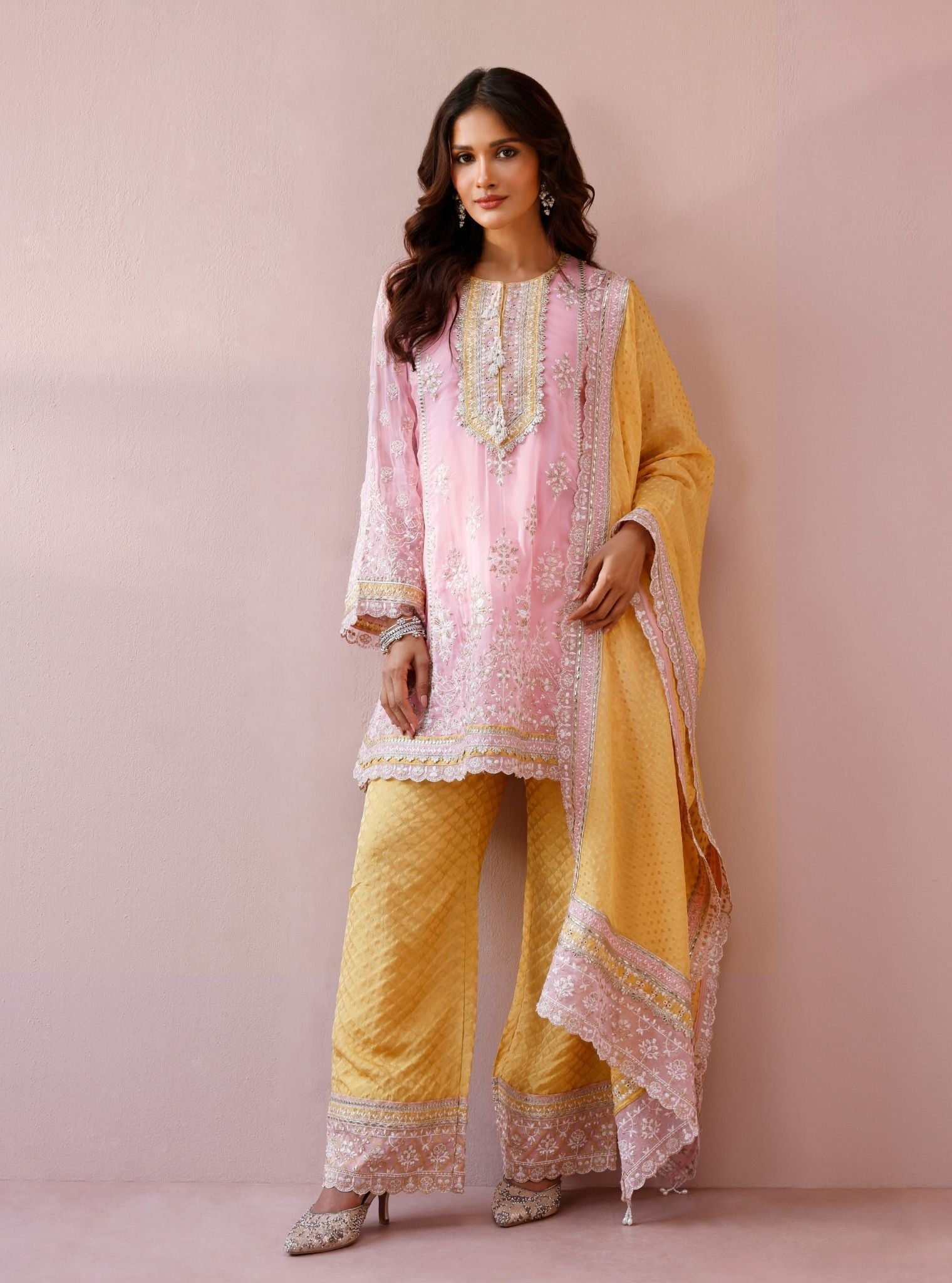 Rila Organza Pink Kurta with Wide Pants
