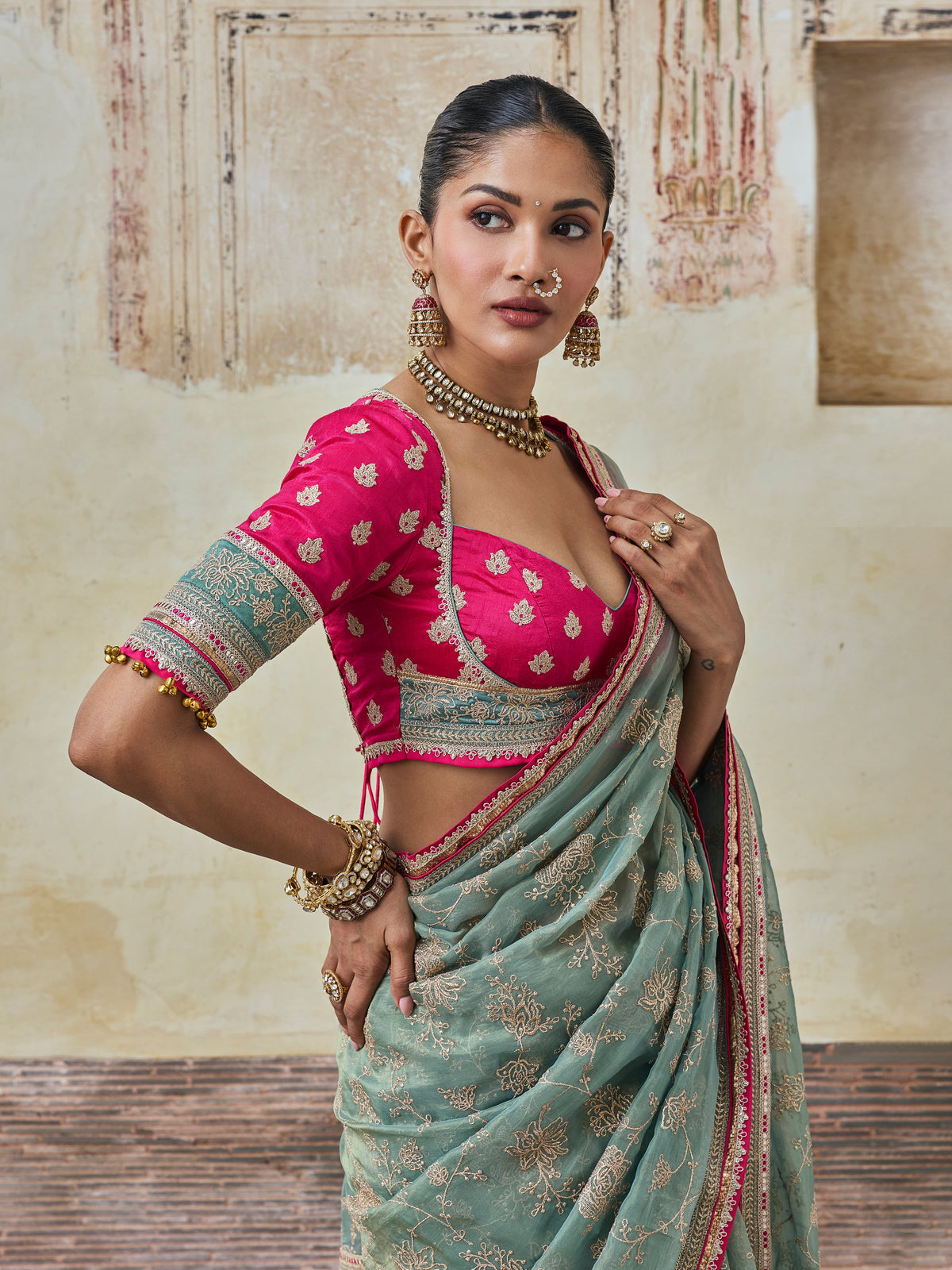 Parthi Lurex Organza Teal Saree with Raw Silk Blouse