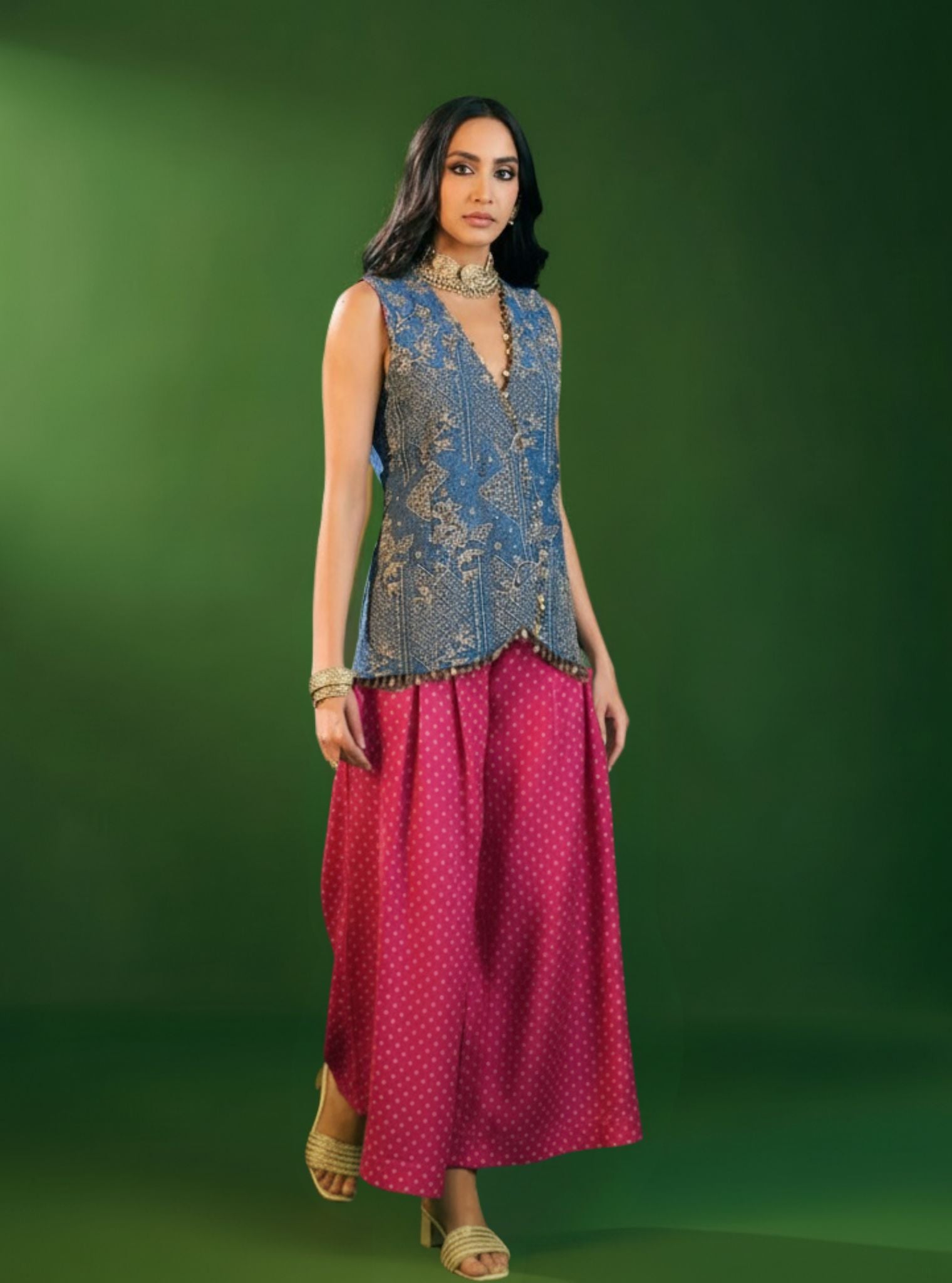 Lunira Denim Waistcoat With Cupro Satin Printed Fuschia Pant