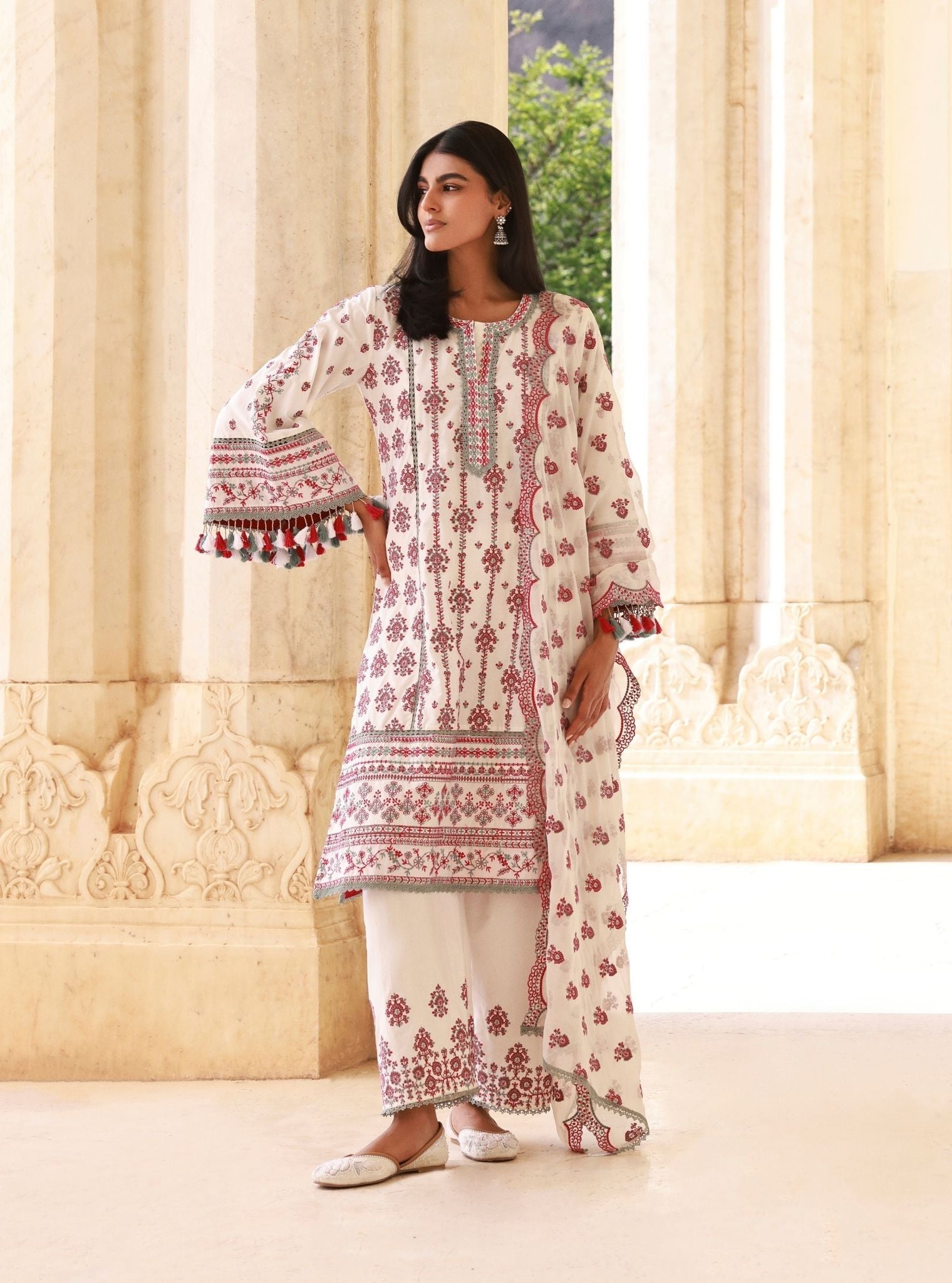 Mulmul Supima Cotton Lomeya White Fuschia Teal Blue Dupatta