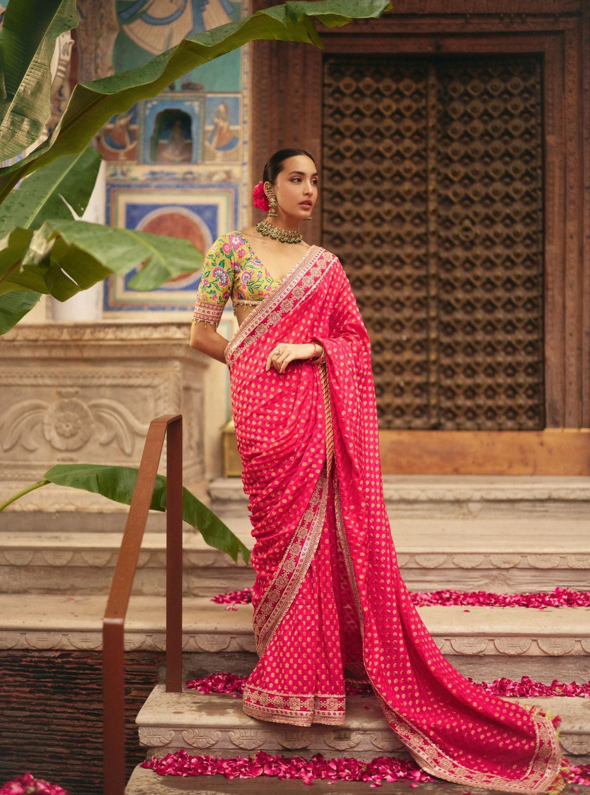 Sanjali Banarasi Fuchsia Saree with Raw Silk Blouse