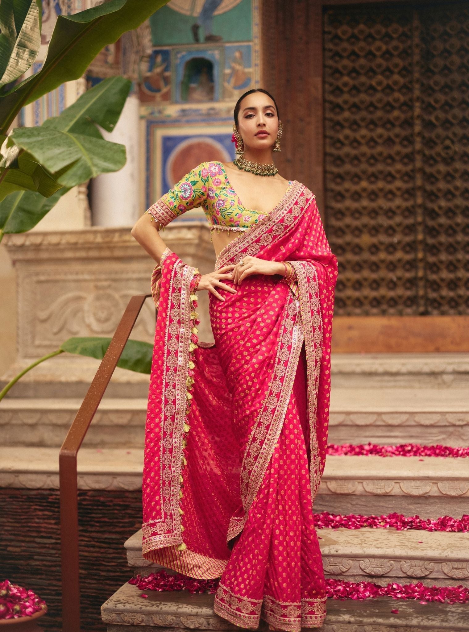Sanjali Banarasi Fuchsia Saree with Raw Silk Blouse
