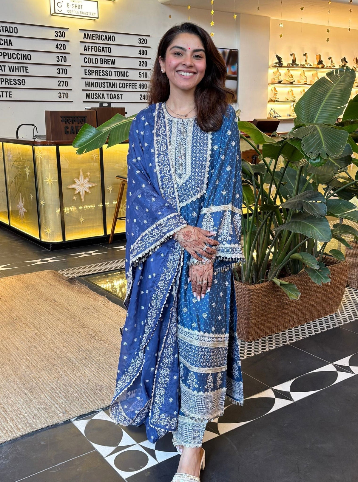 Lari Pima Satin Printed Navy Kurta Set