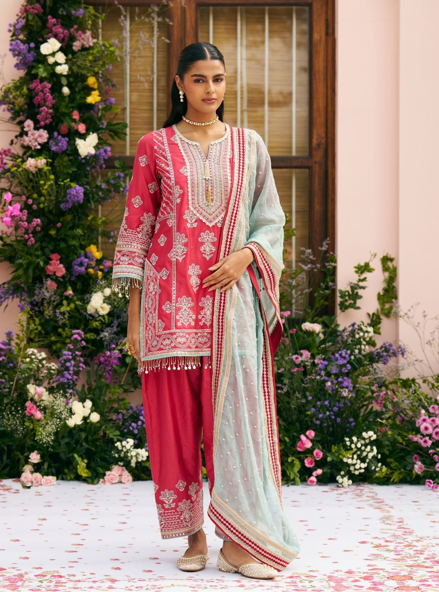 Khumari Pima Satin Red Kurta With Farshi Salwar