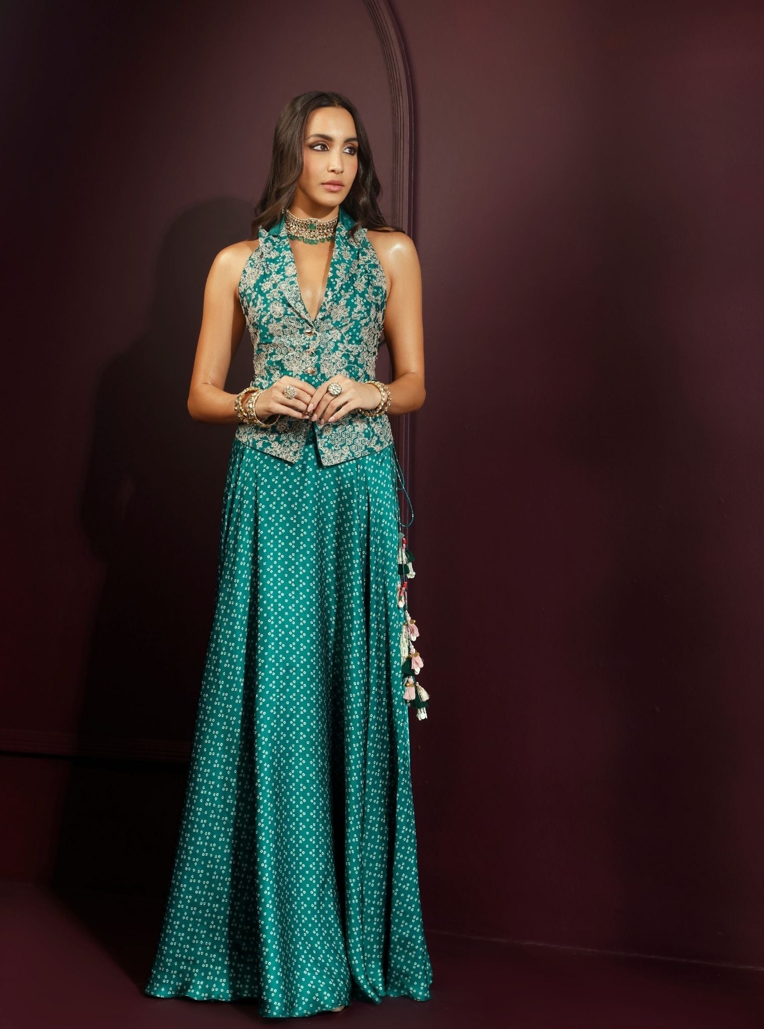 Kuhu Cupro Satin Printed Emerald Green Waistcoat With Wide Pleated Skirt