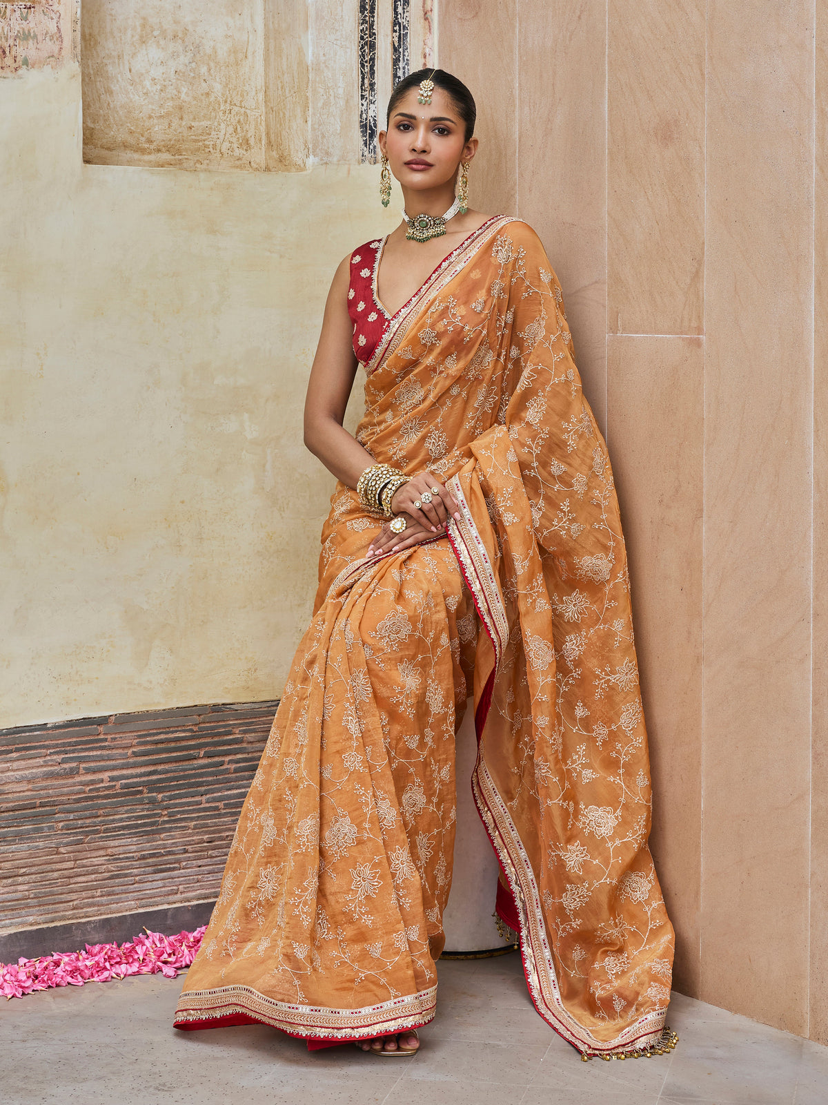 Parthi Lurex Organza Orange Saree with Raw Silk Blouse