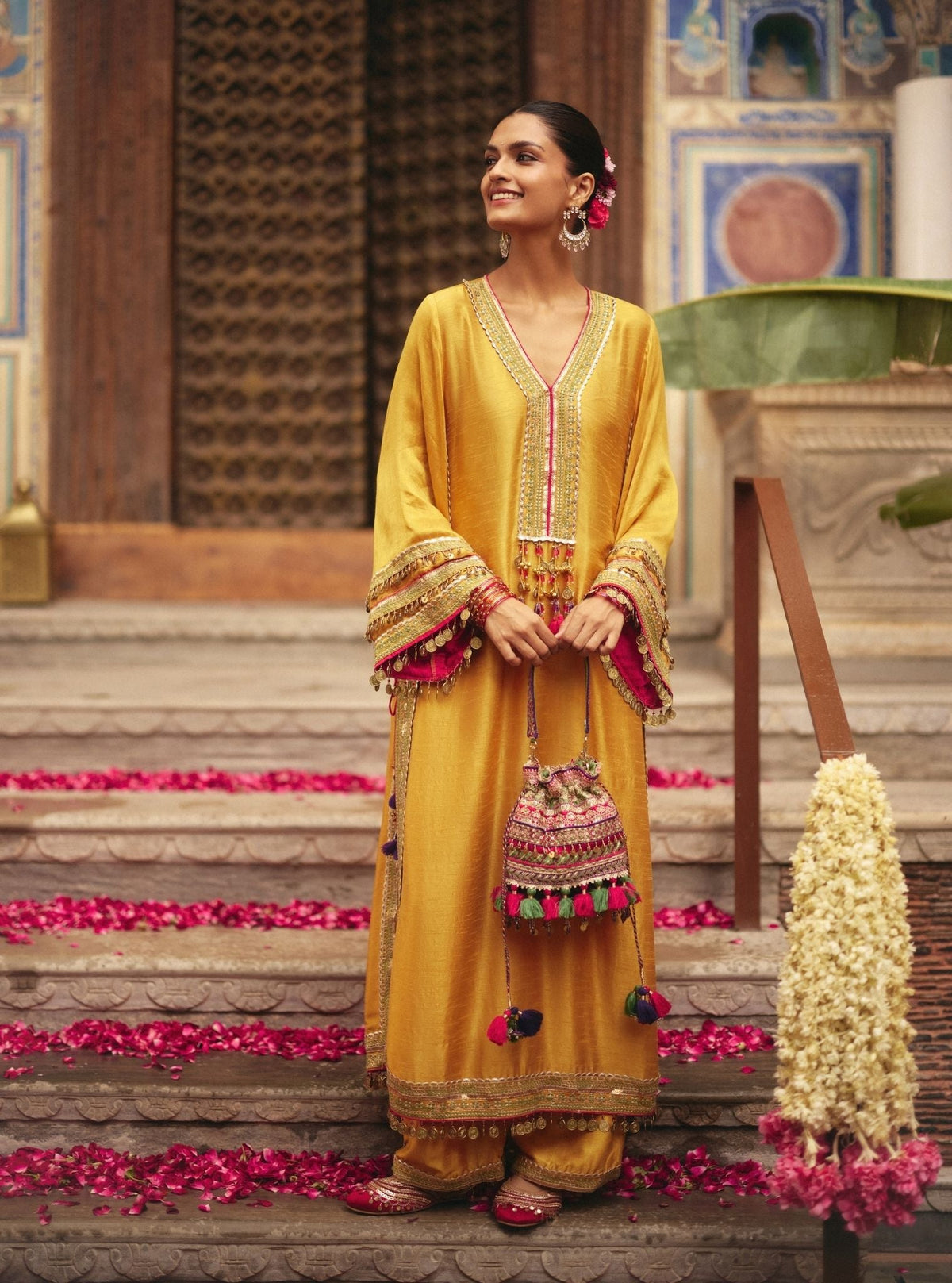 Shaabni Bemberg Raw Silk Mustard Kaftan Set