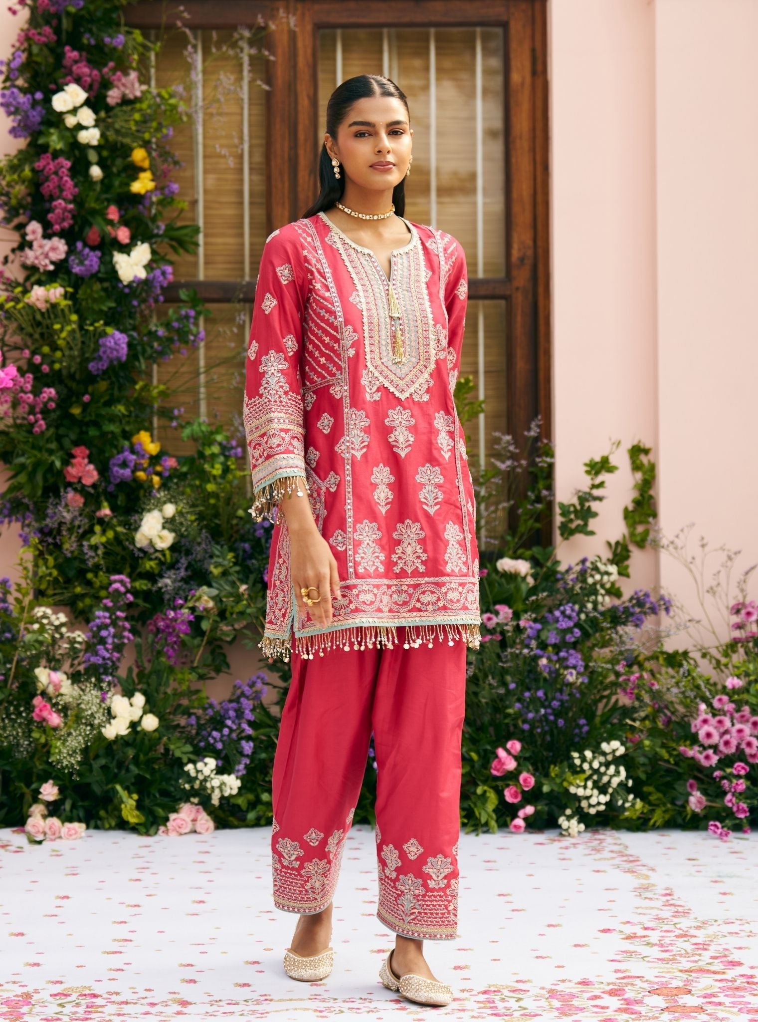Khumari Pima Satin Red Kurta With Farshi Salwar