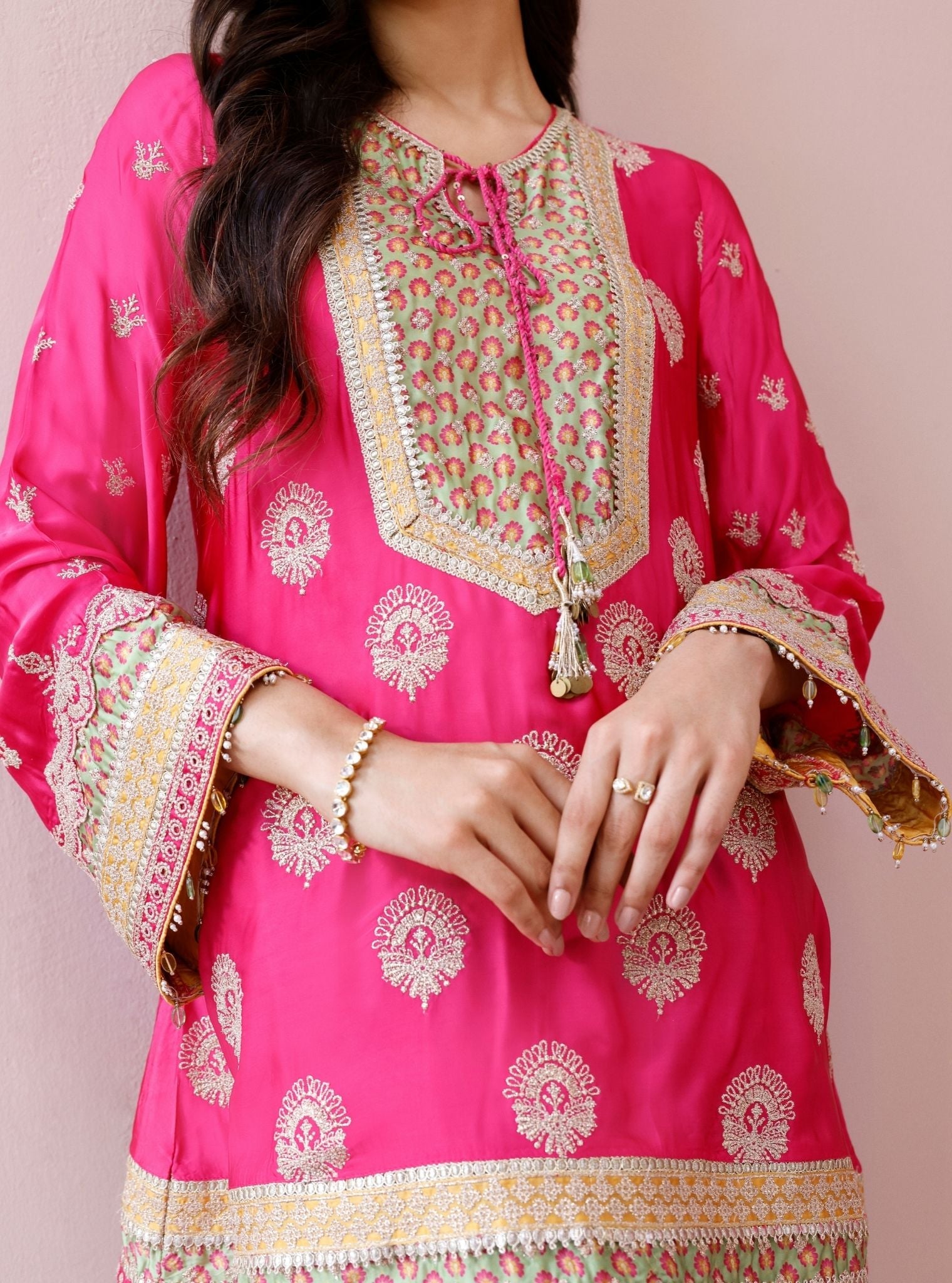 Veya Cupro Satin Fuchsia & Green Kurta Set