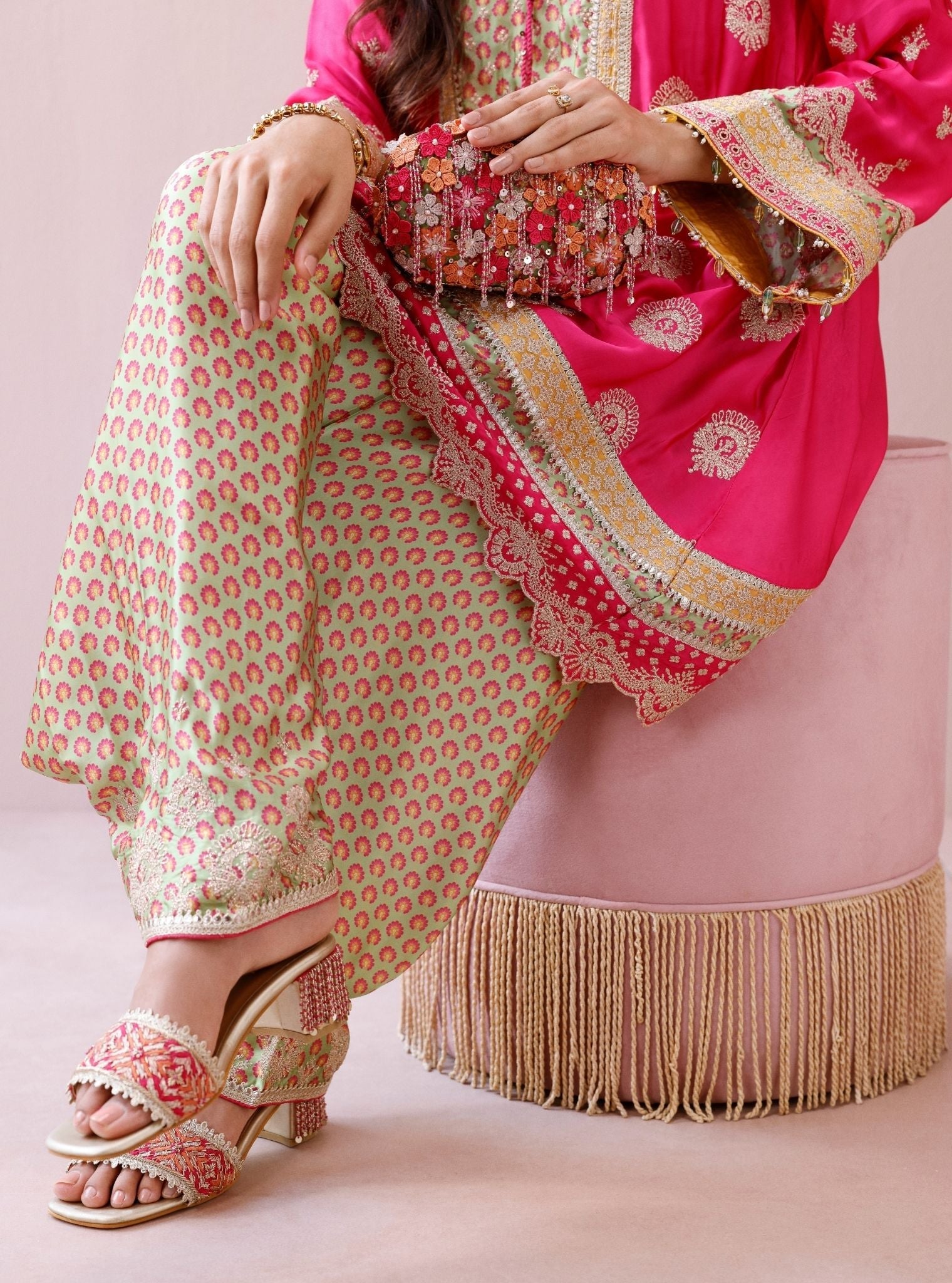 Veya Cupro Satin Fuchsia & Green Kurta Set