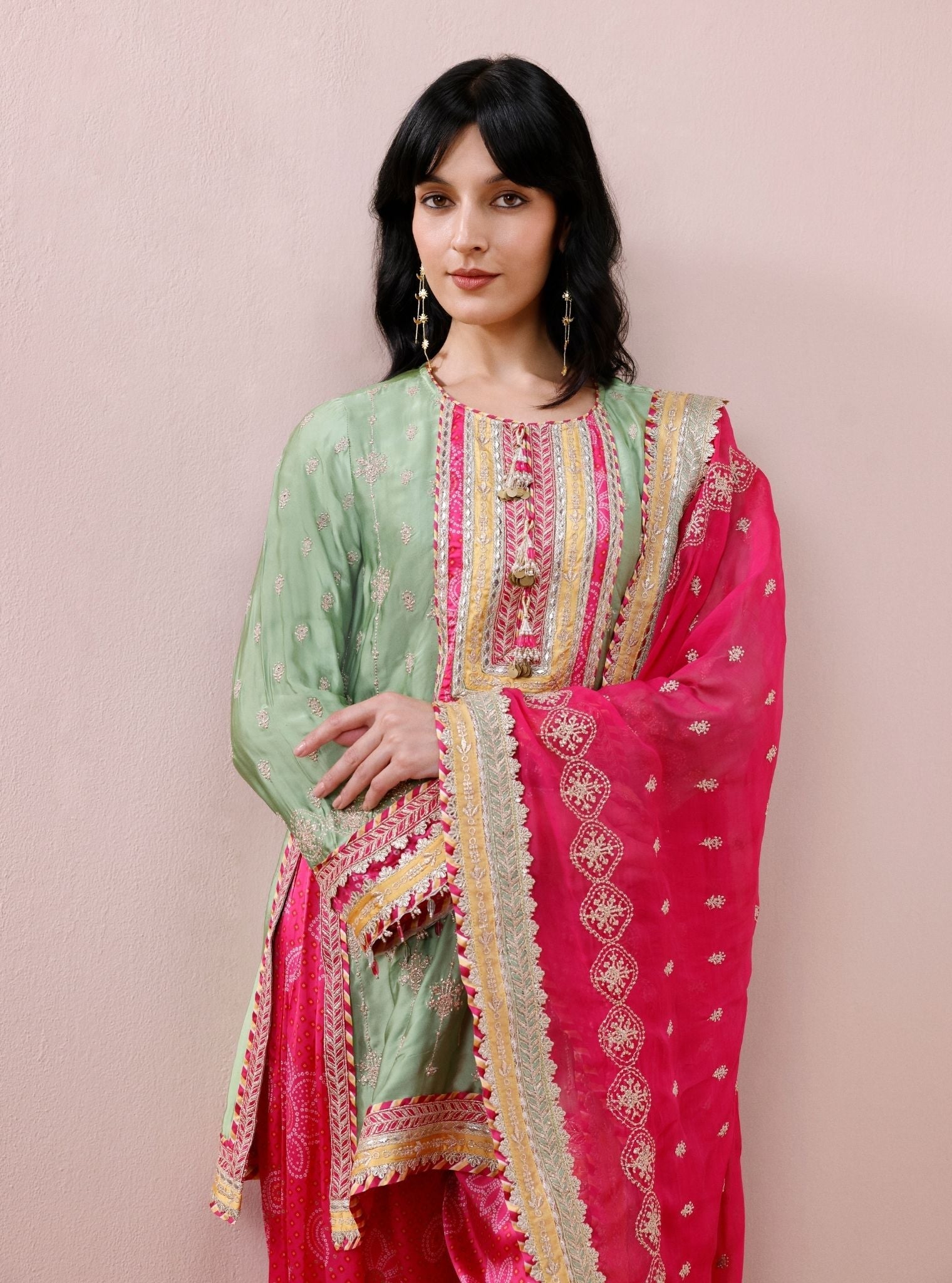 Kiva Cupro Satin Pista Green Kurta with Farshi Salwar