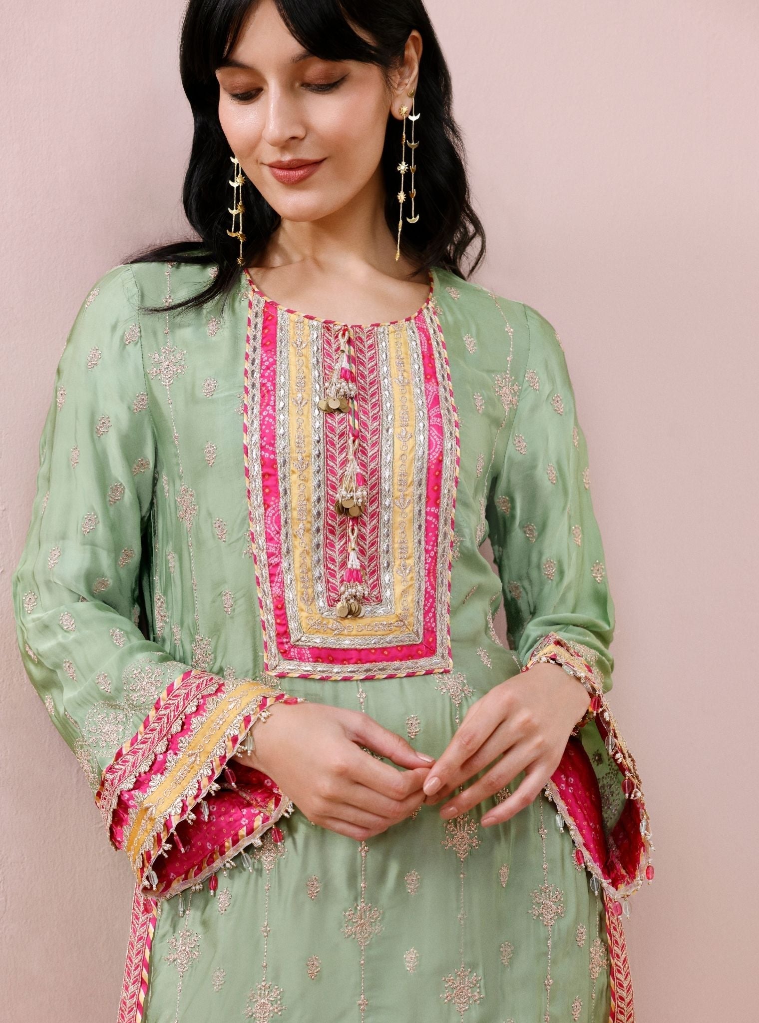 Kiva Cupro Satin Pista Green Kurta with Farshi Salwar
