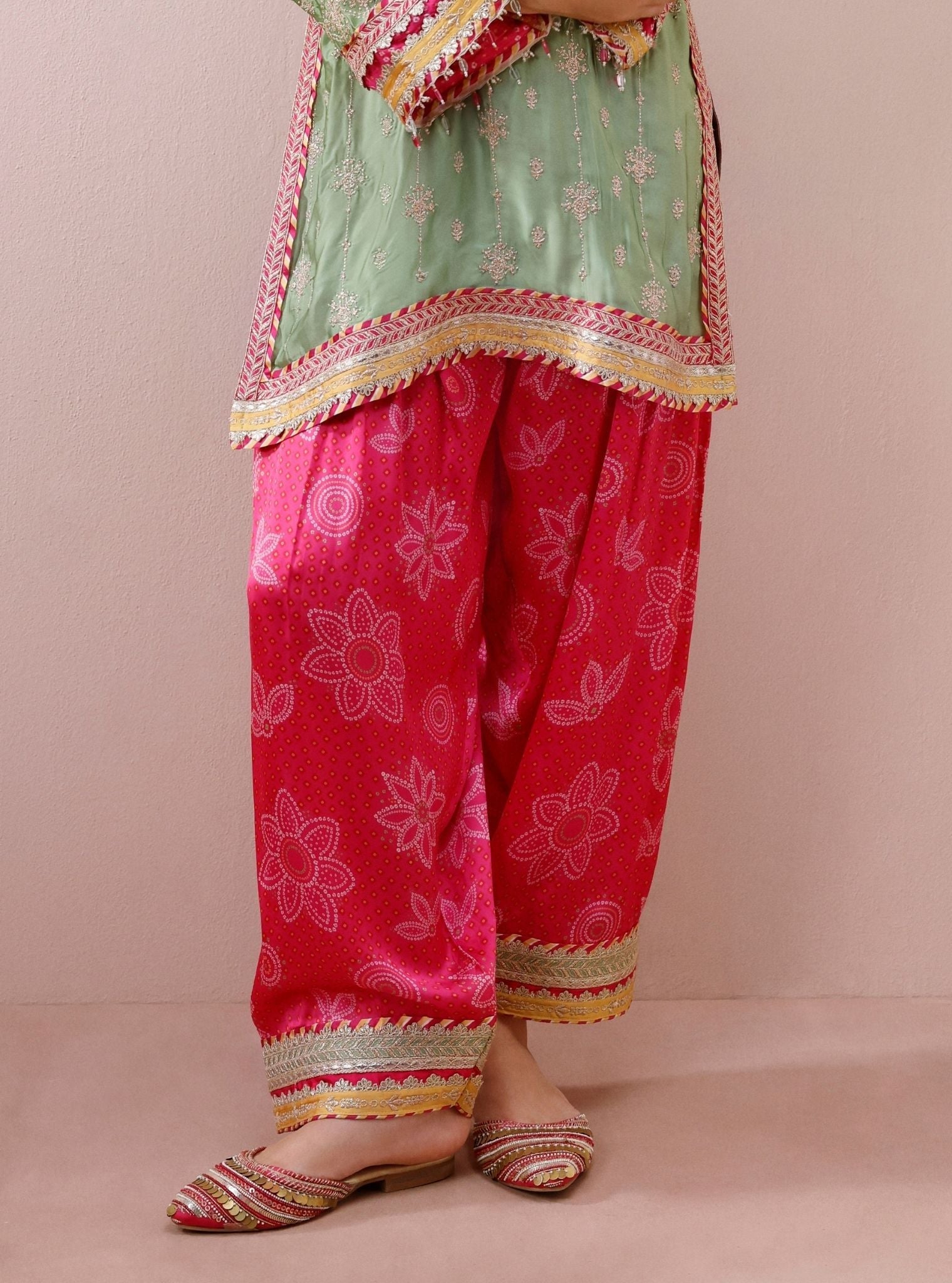 Kiva Cupro Satin Pista Green Kurta with Farshi Salwar
