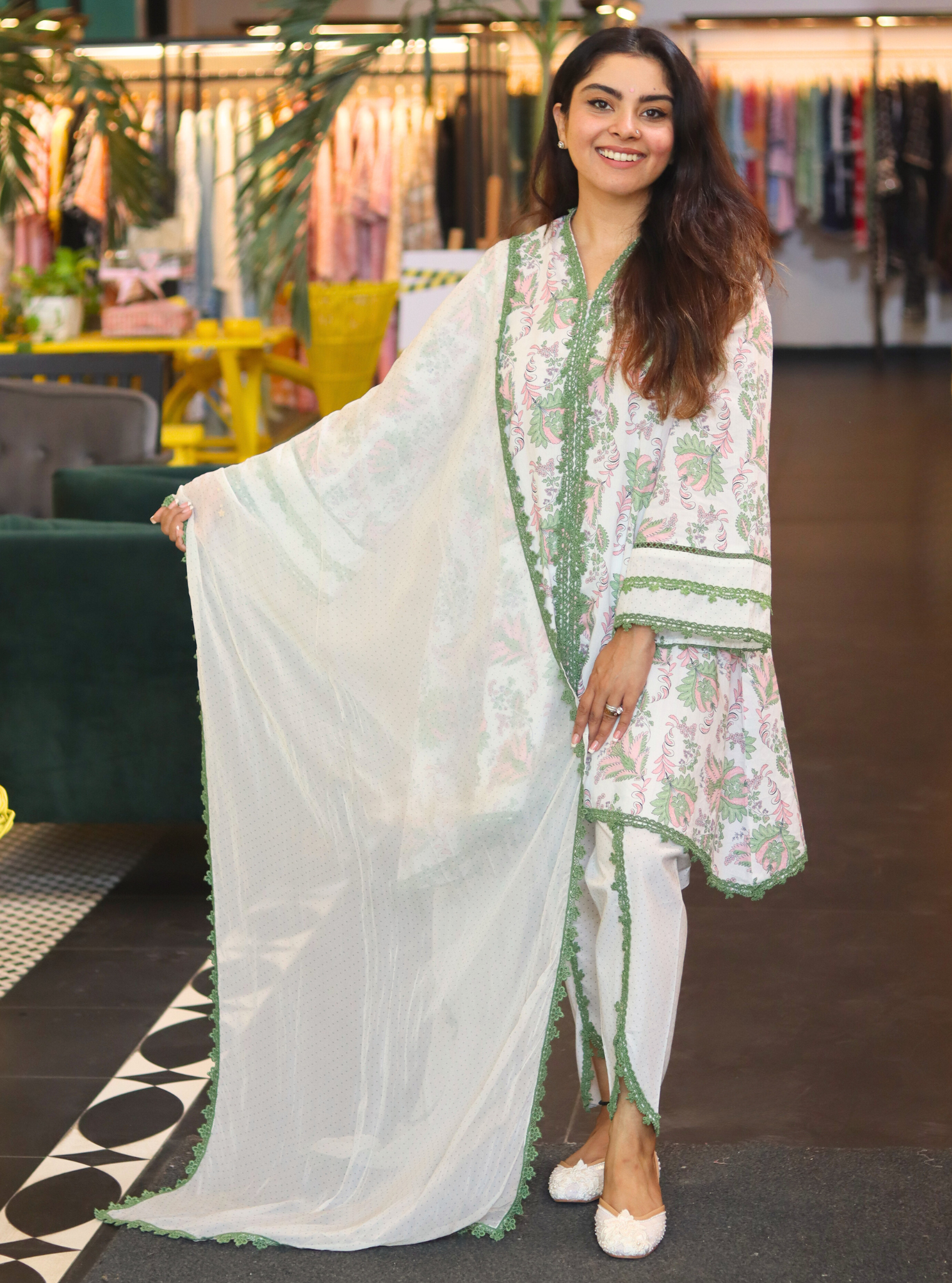 Mulmul Organza Printed Elysia Green Dupatta