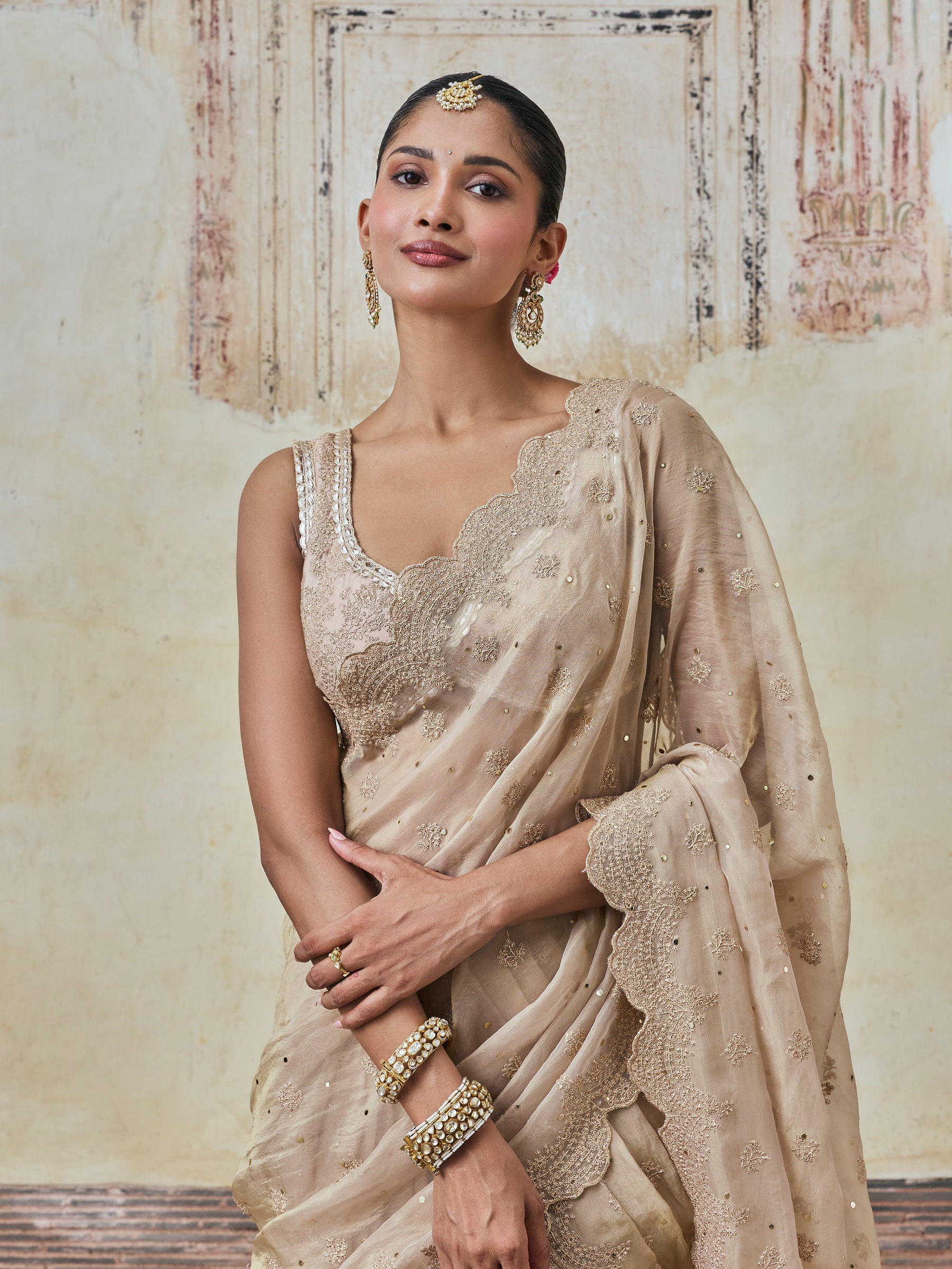 Adiva Lurex Organza Champagne Pre-draped Saree