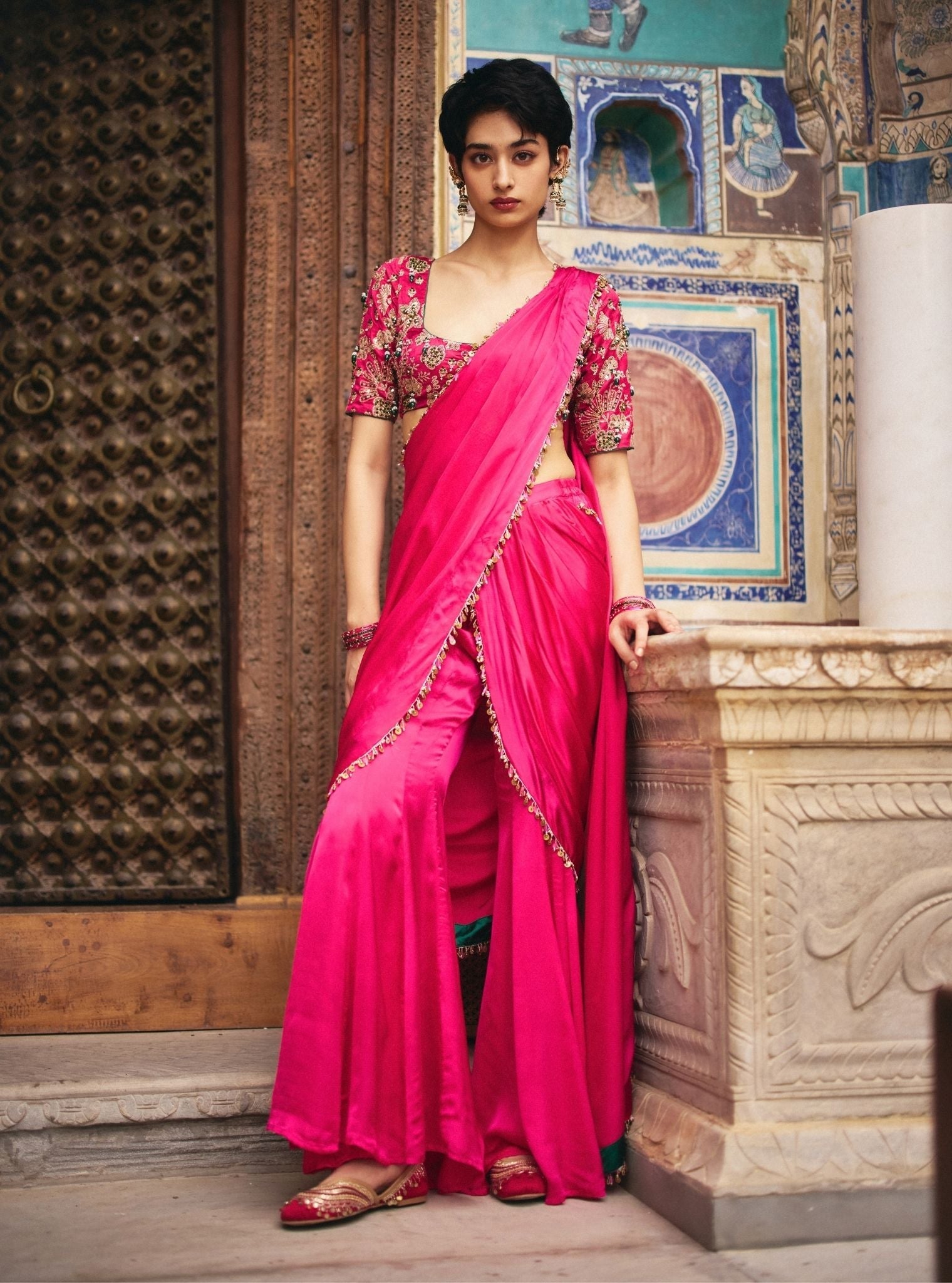 Saawari Cupro Satin Fuchsia Pre-draped Saree with Raw Silk Blouse