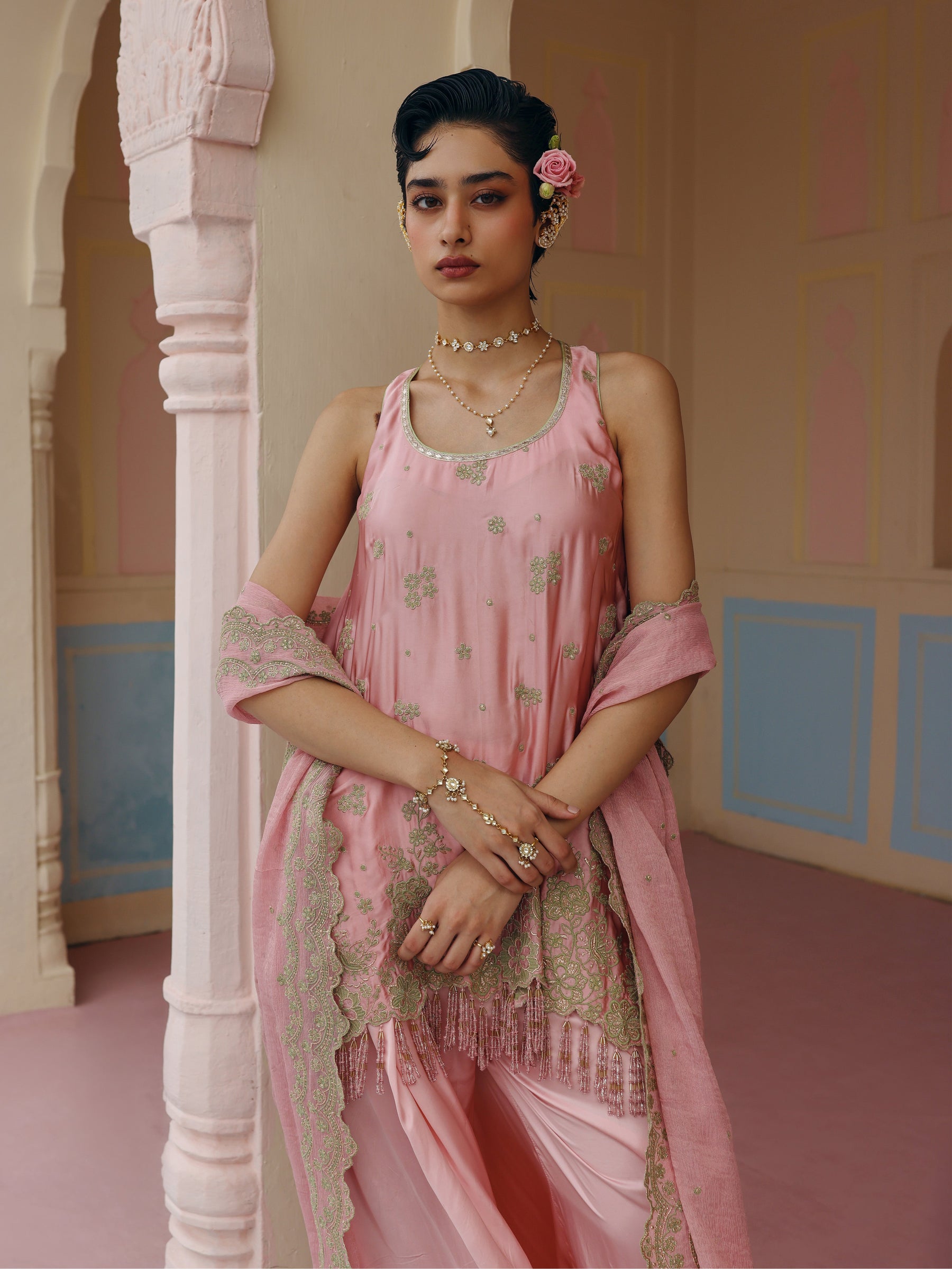 Nemi Cupro Satin Pink Short Kurta with Draped Pants