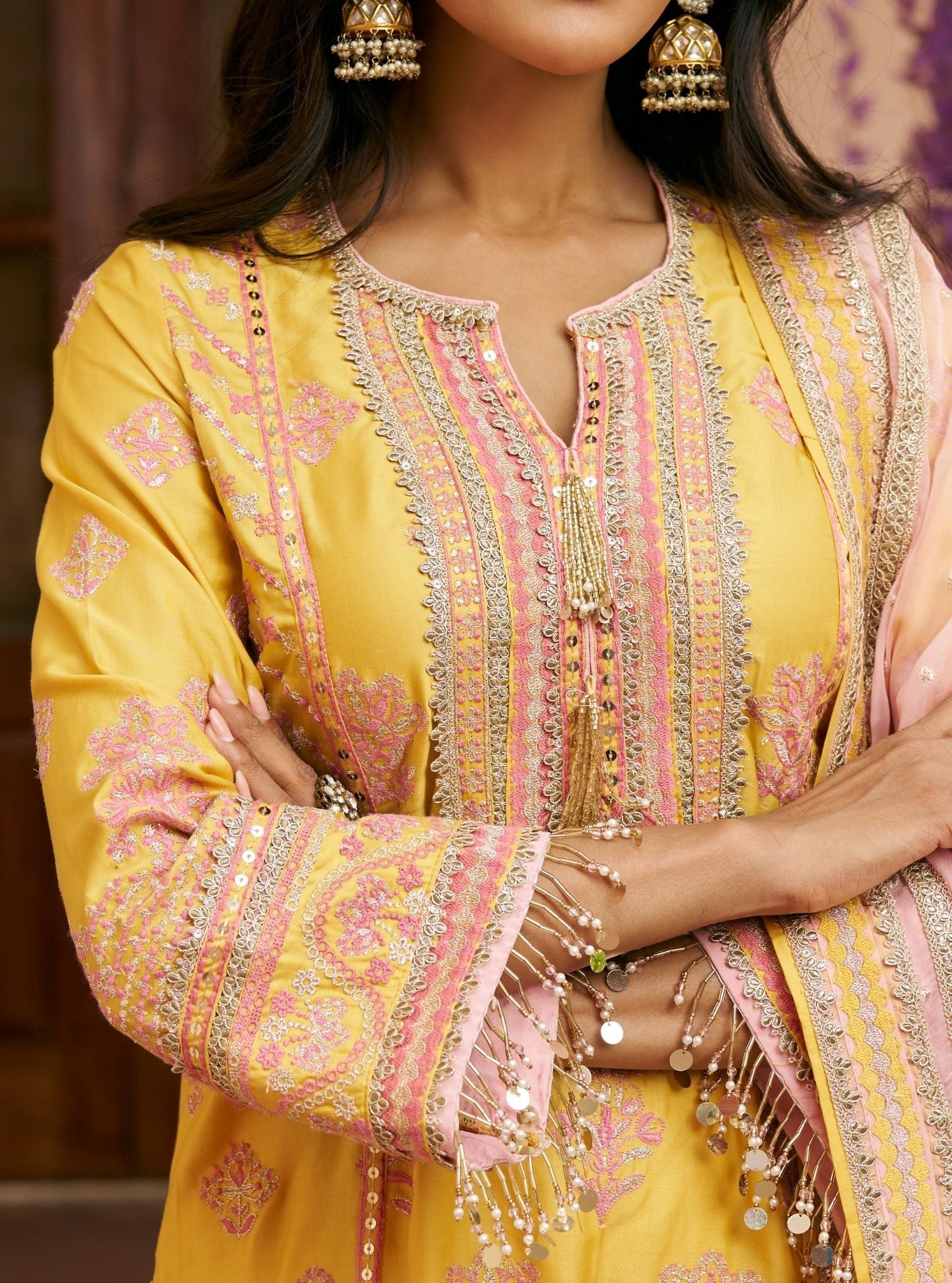 Khumari Pima Satin Mustard Kurta With Farshi Salwar