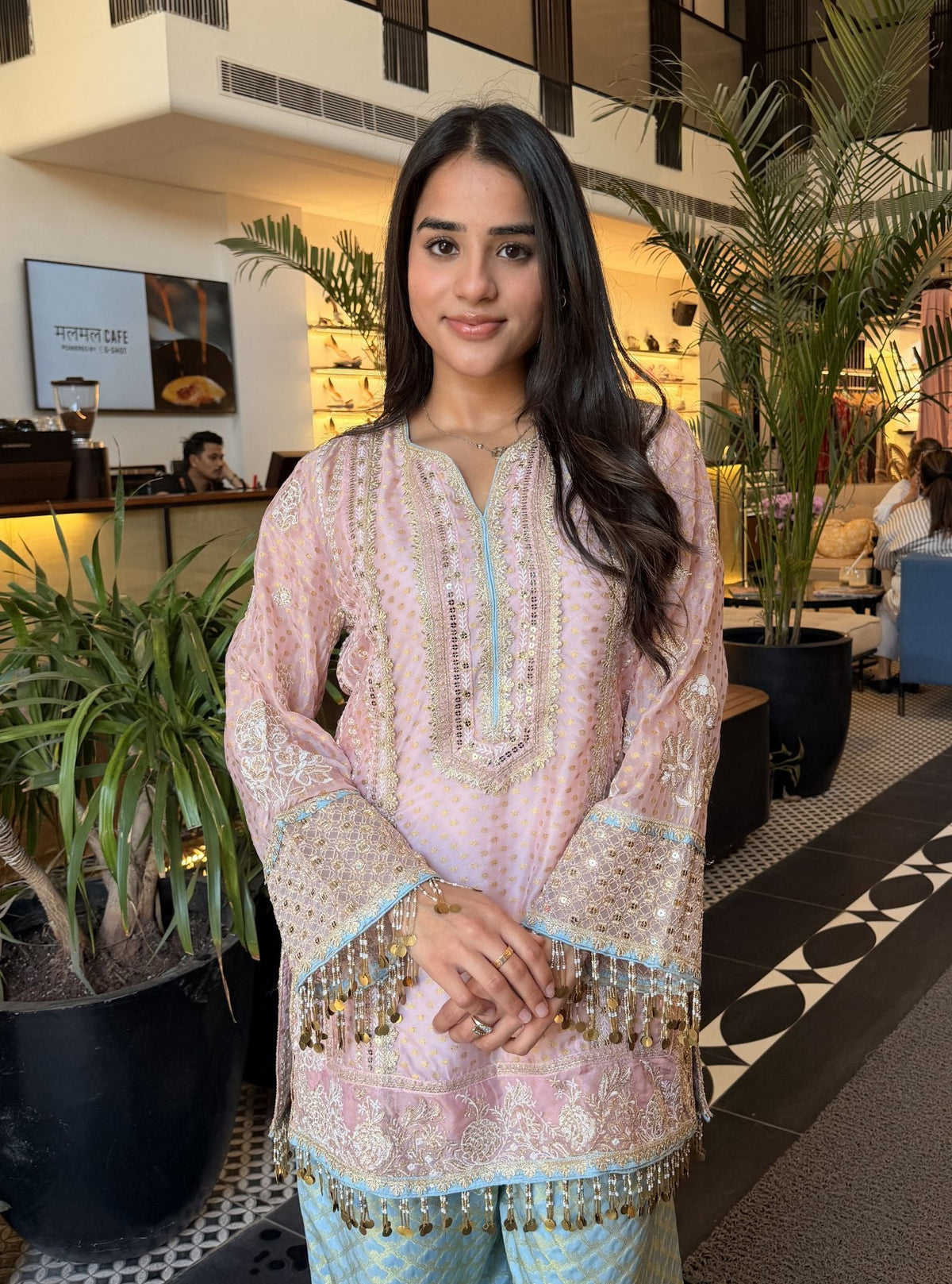 Panchi Banarsi Pink Kurta With Farshi Salwar