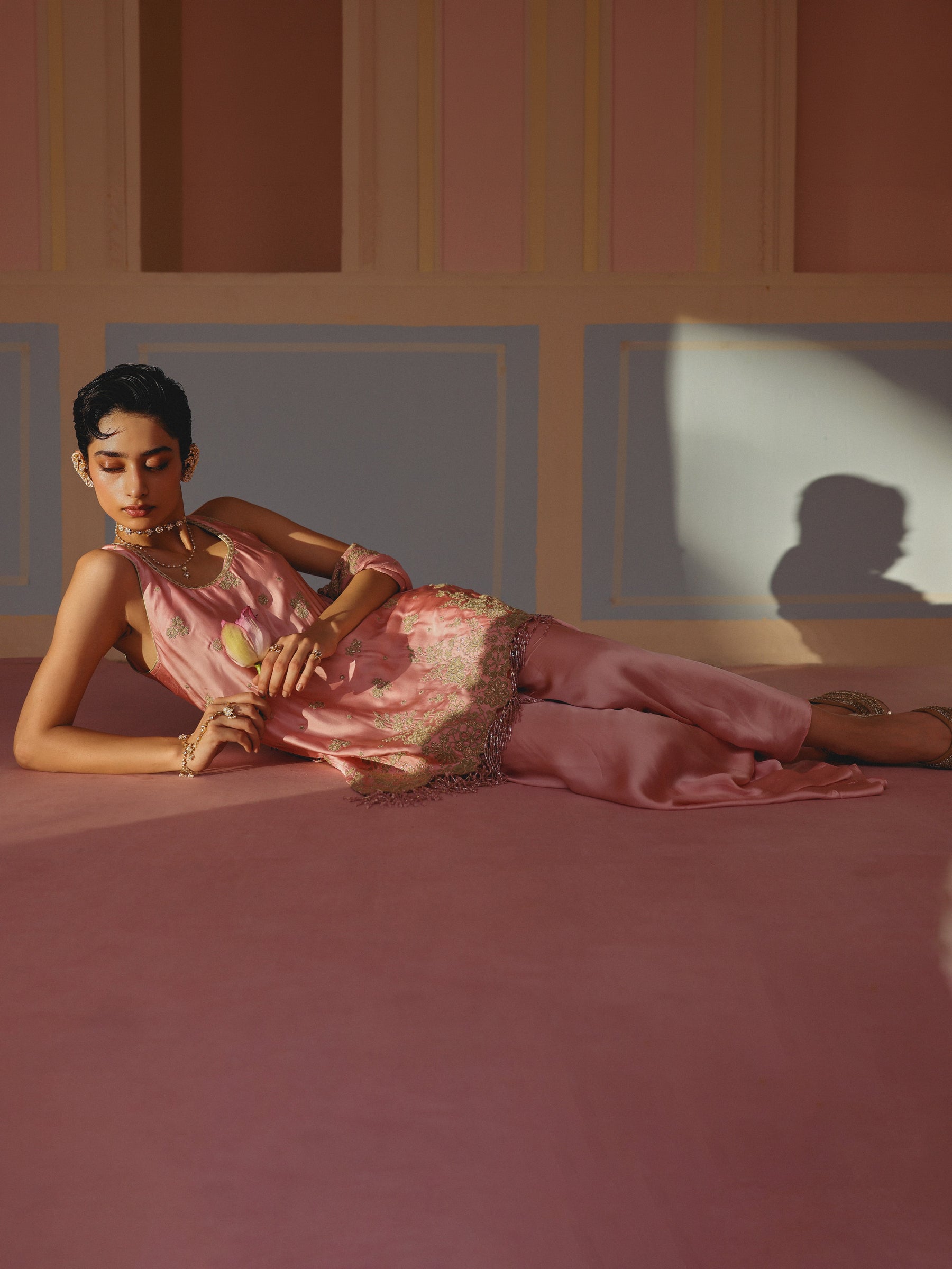 Nemi Cupro Satin Pink Short Kurta with Draped Pants