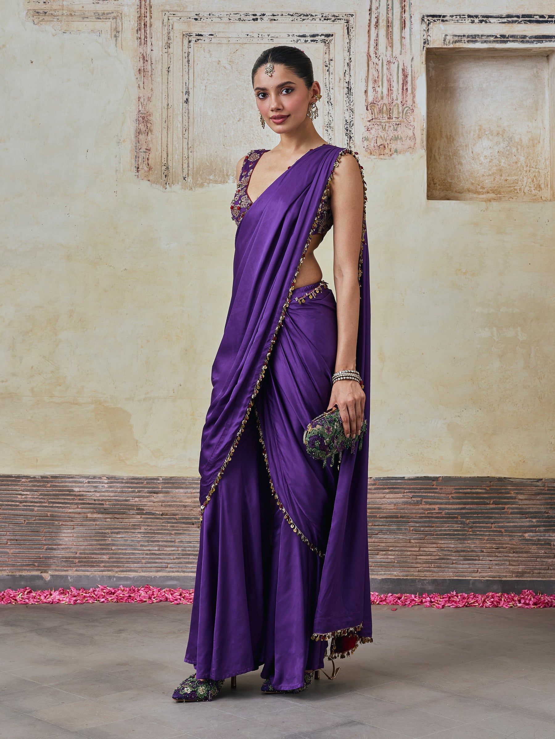 Saawari Cupro Satin Purple Pre-draped Saree with Raw Silk Blouse