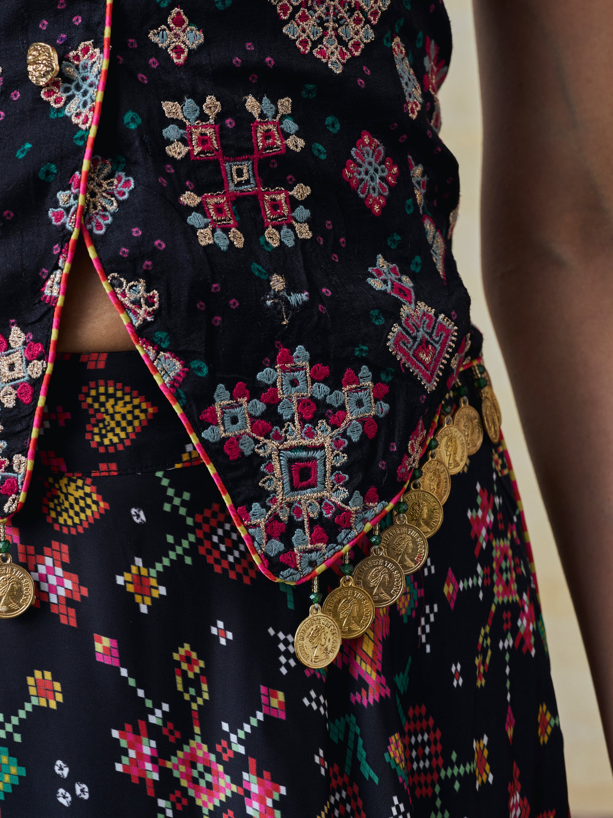 Sarangni Bemberg Raw Silk Printed Black Waistcoat & Skirt Set
