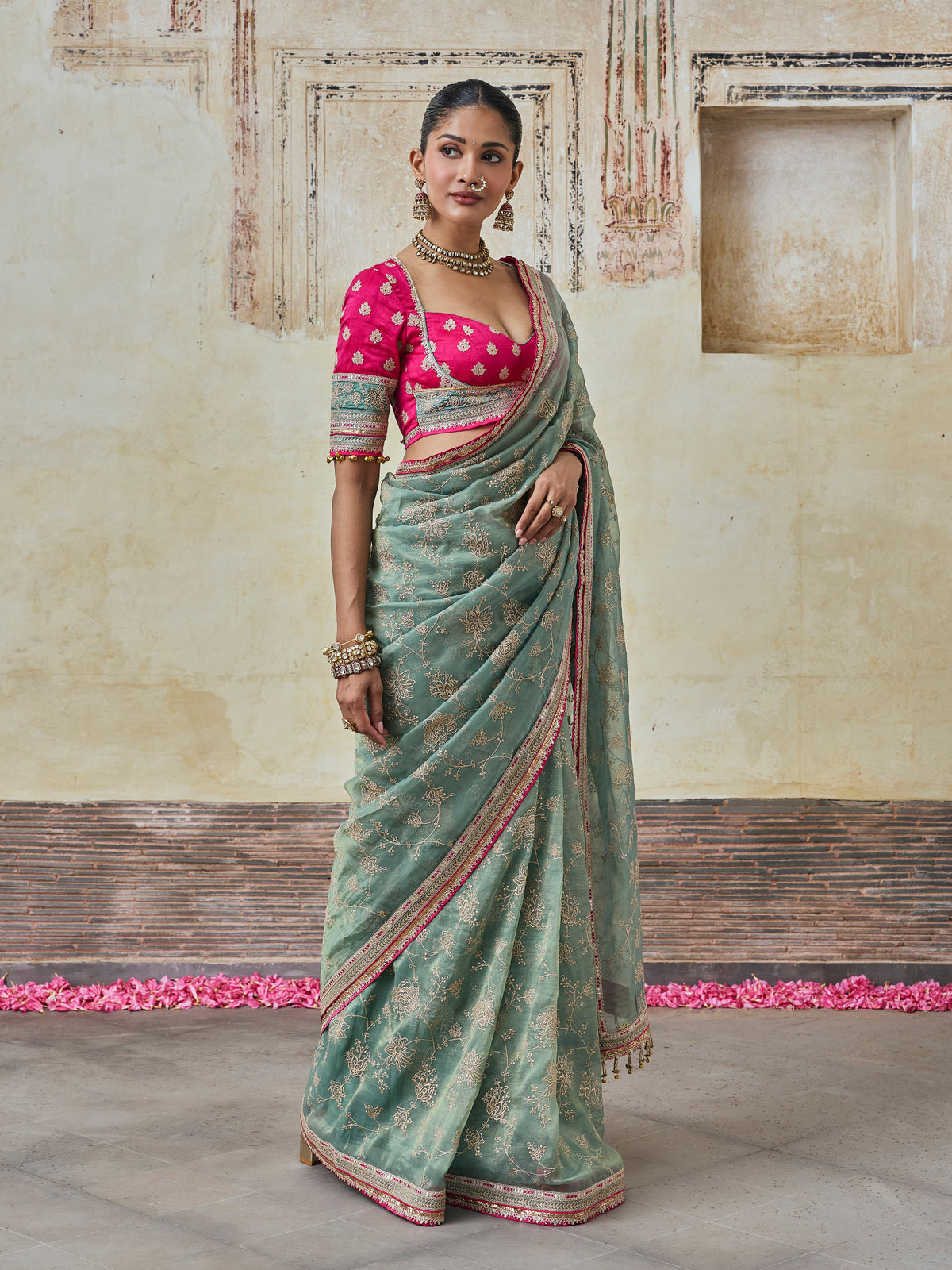 Parthi Lurex Organza Teal Saree with Raw Silk Blouse