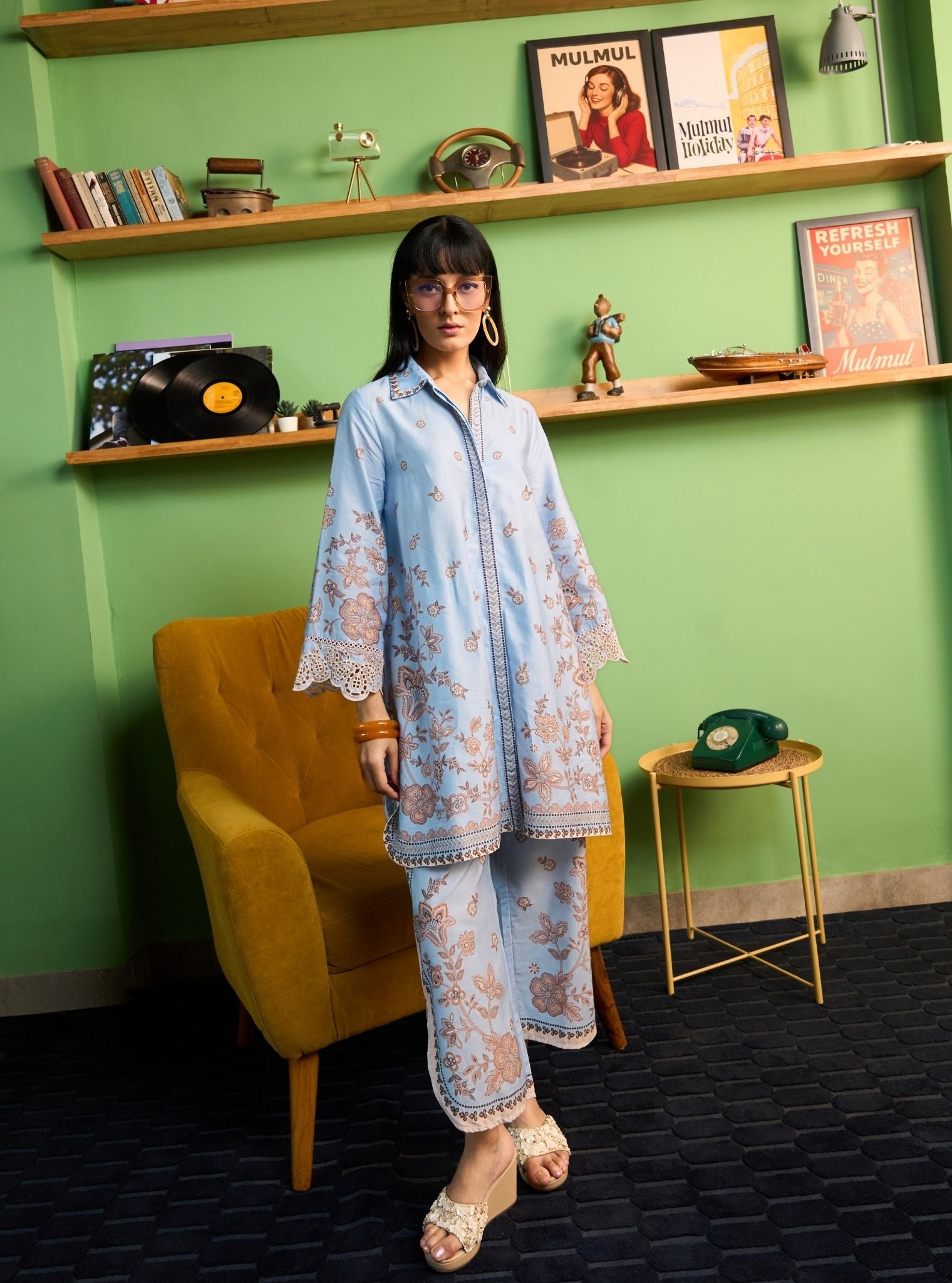 Zavi Pima Satin Blue Printed Co-ord set