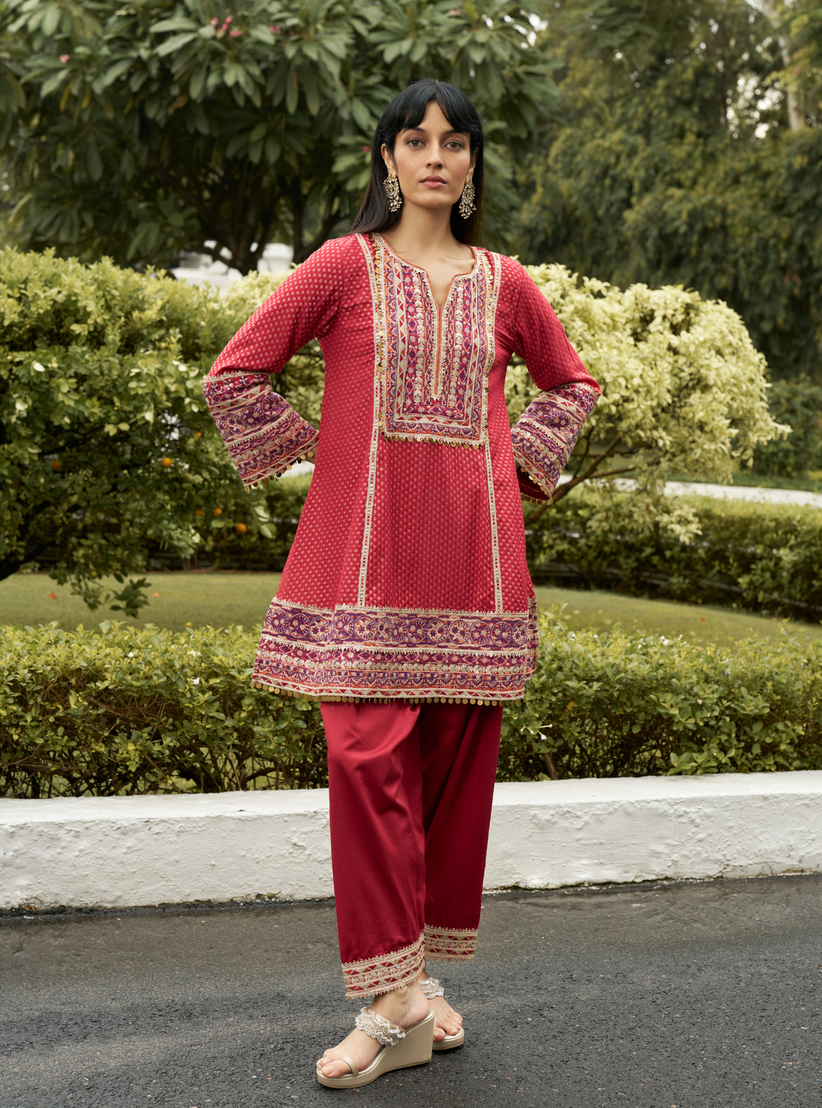 Utsavi Red Banarsi Kurta With Farshi Salwar