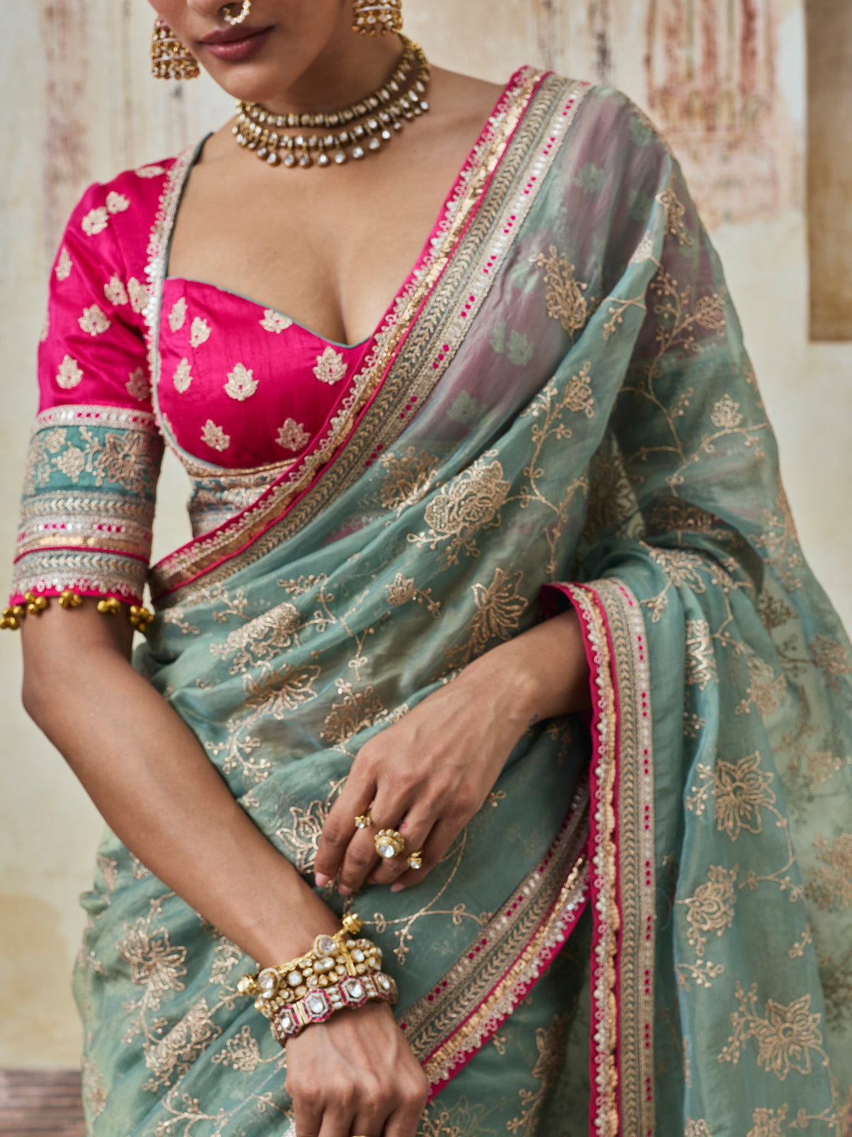 Parthi Lurex Organza Teal Saree with Raw Silk Blouse