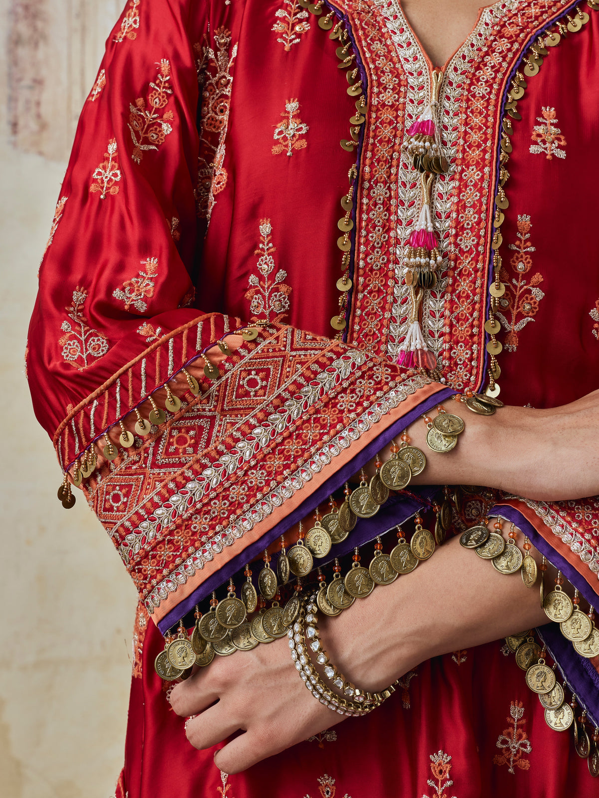 Koyal Cupro Satin Red Kaftan Set