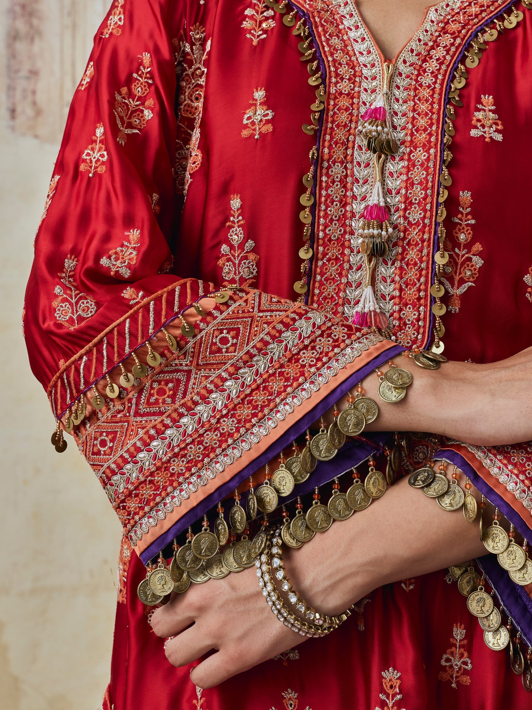 Koyal Cupro Satin Red Kaftan Set
