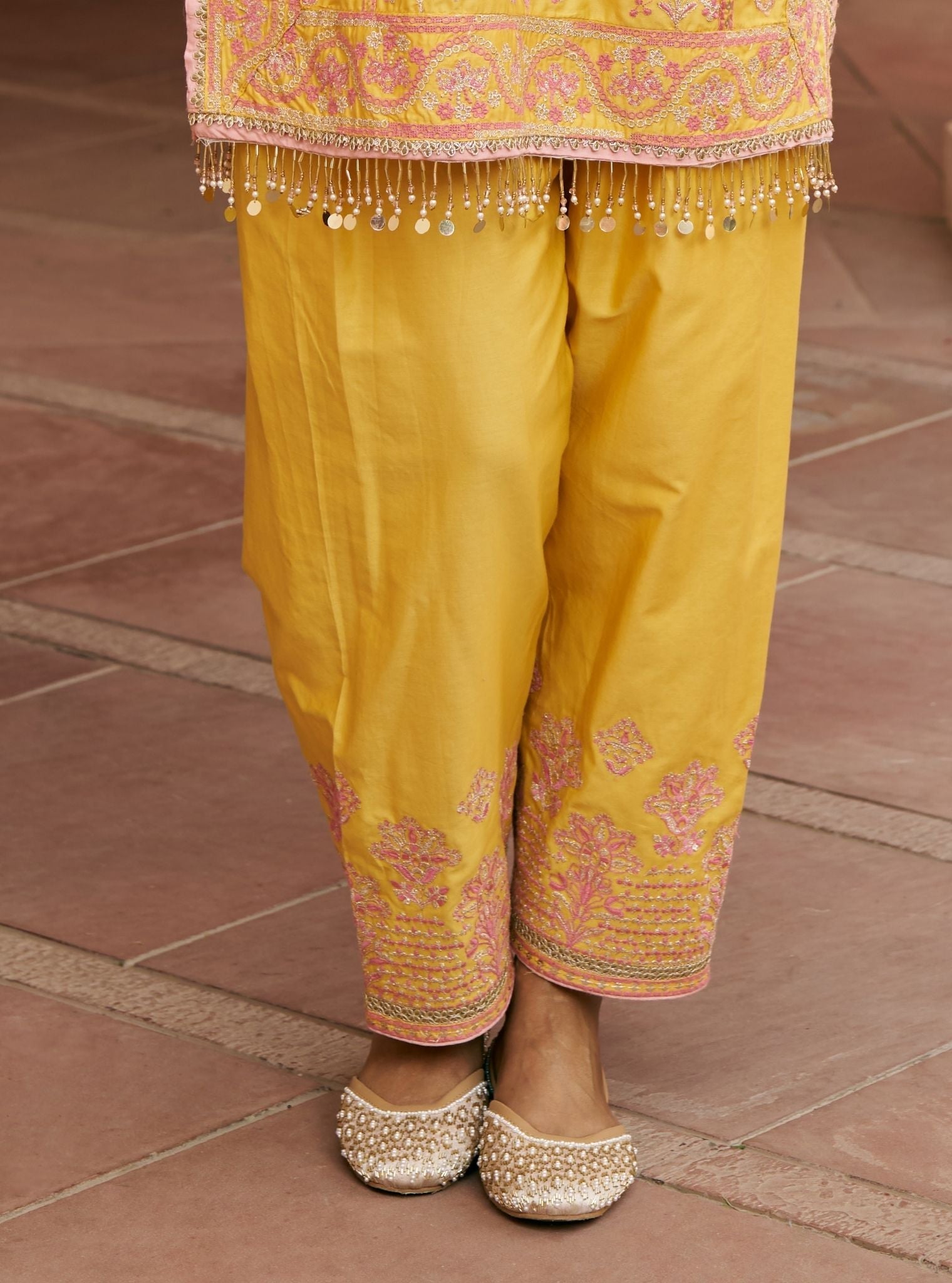 Khumari Pima Satin Mustard Kurta With Farshi Salwar
