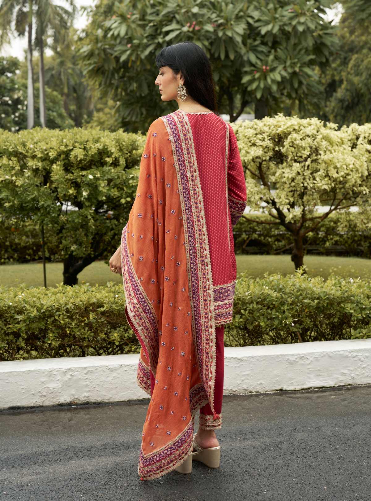 Utsavi Red Banarsi Kurta With Farshi Salwar