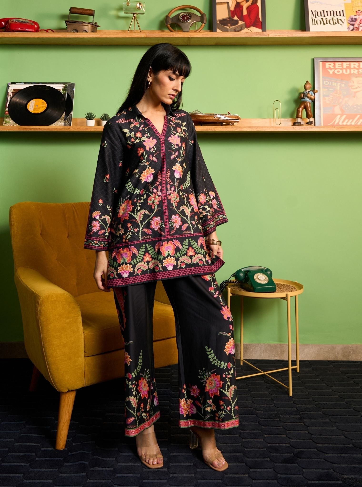 Zuni Pima Satin Black Printed Co-ord set