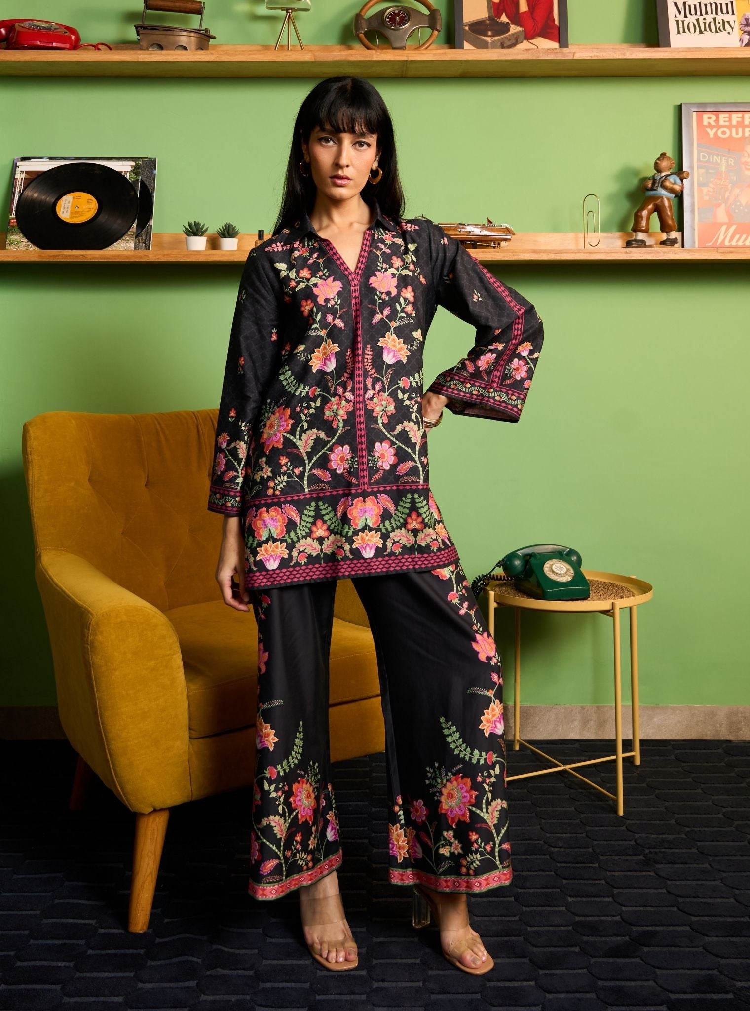 Zuni Pima Satin Black Printed Co-ord set