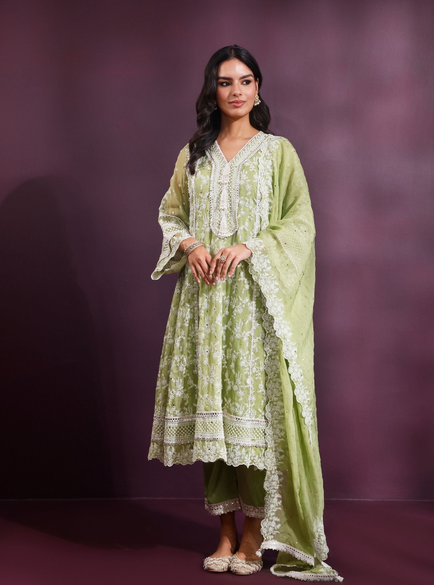 Rupa Organza Pista Green Anarkali Kurta Set