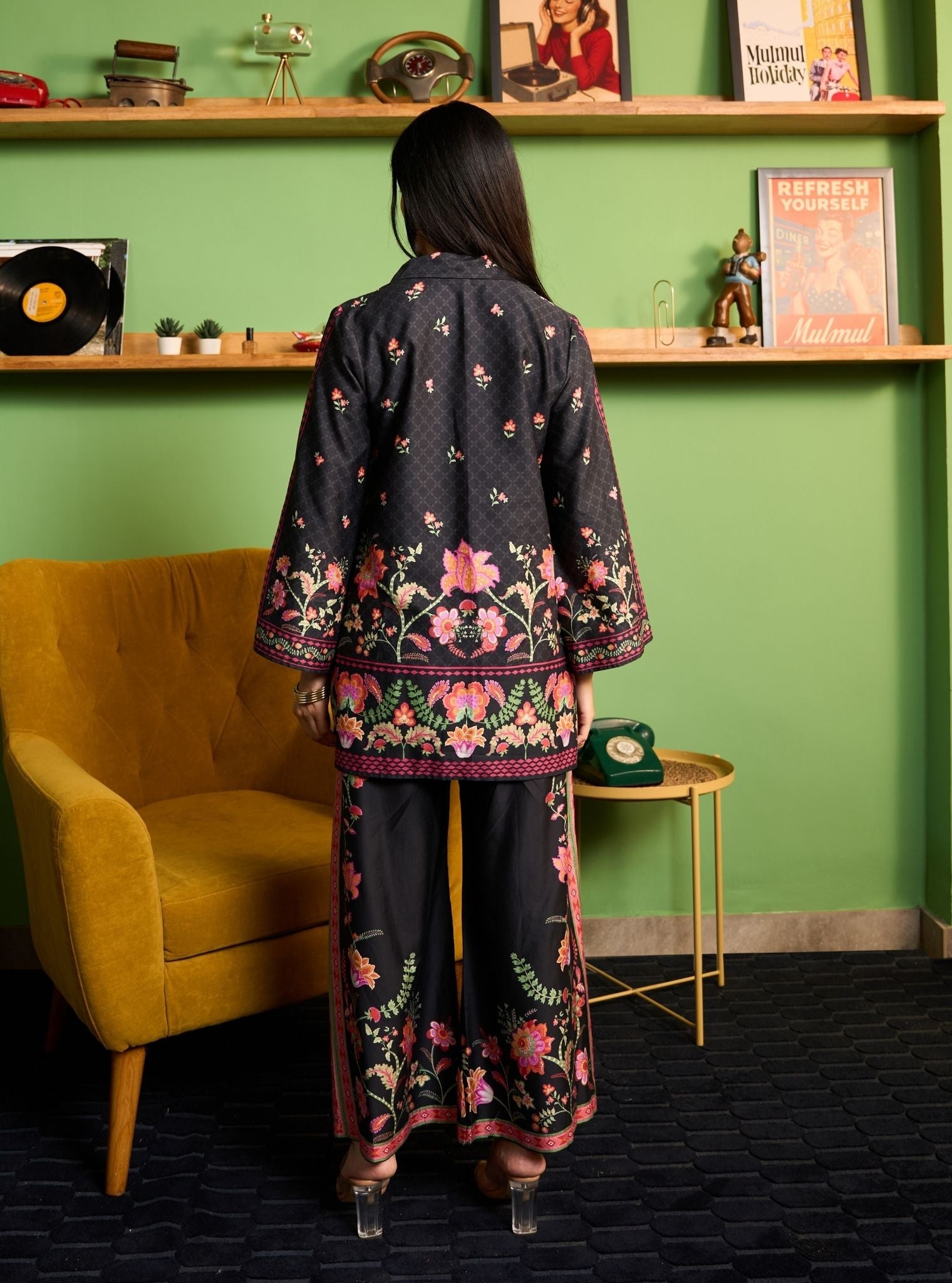 Zuni Pima Satin Black Printed Co-ord set