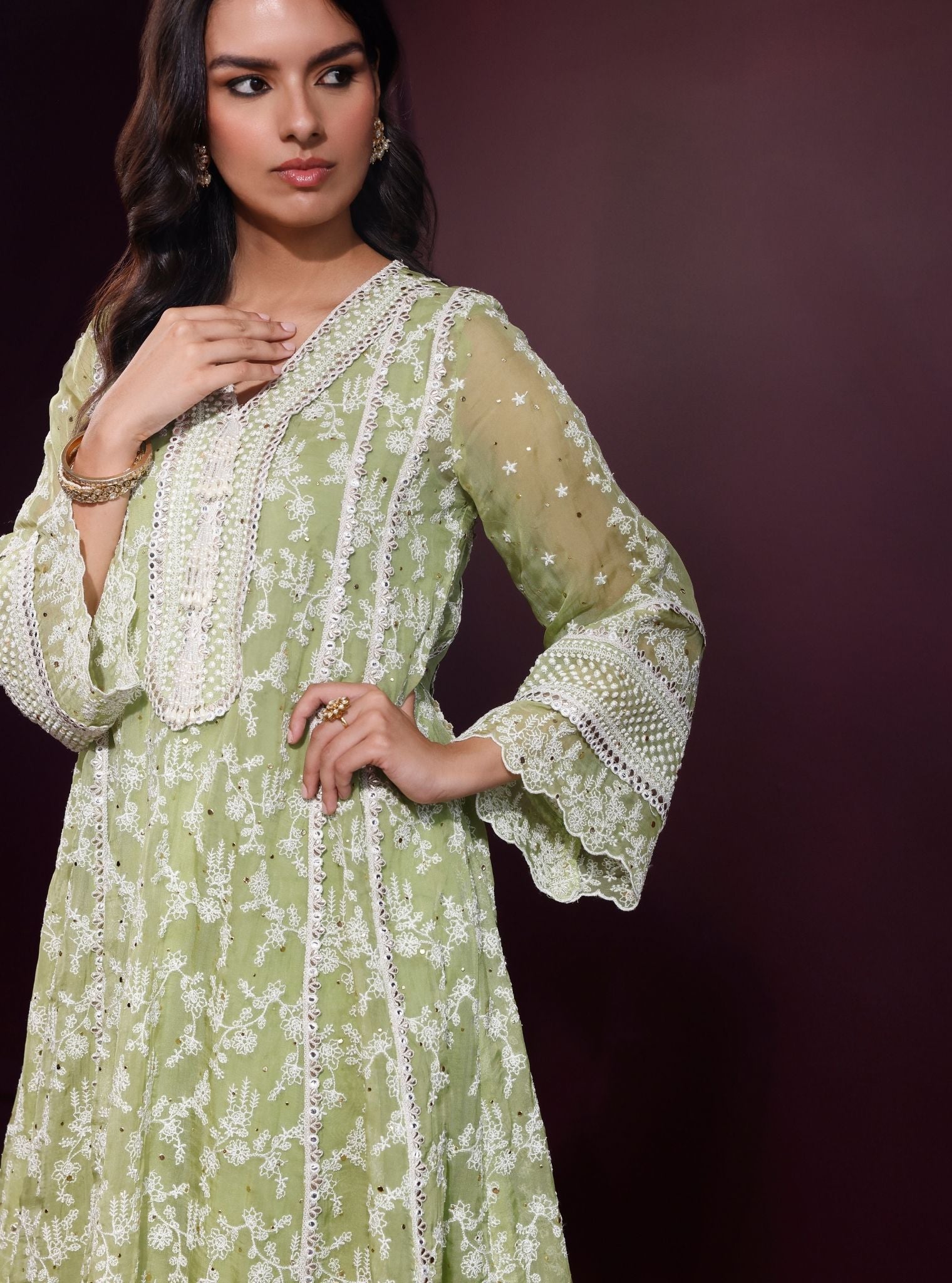 Rupa Organza Pista Green Anarkali Kurta Set