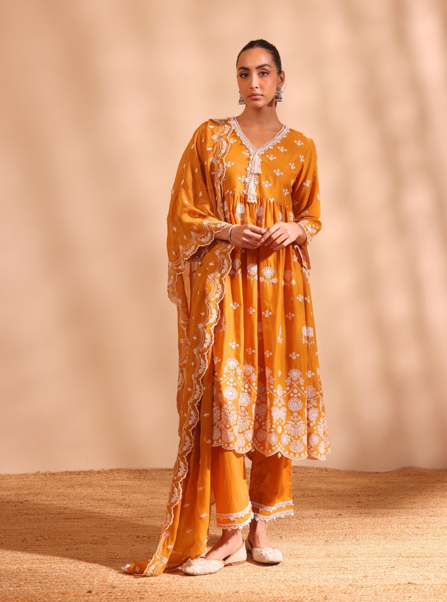 Nilan Supima Cotton Orange Anarkali Kurta Set