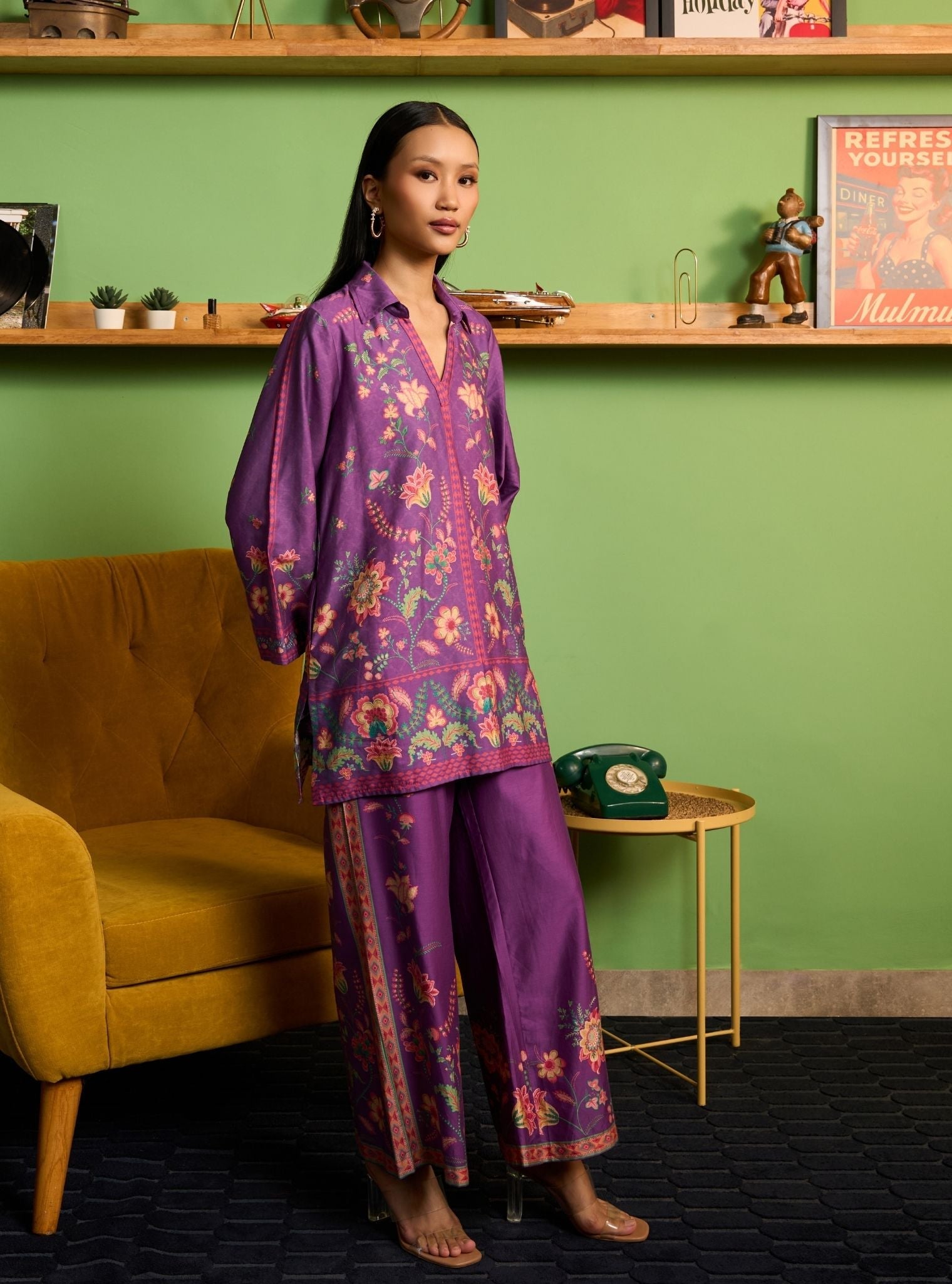Zuni Pima Satin Purple Printed Co-ord set